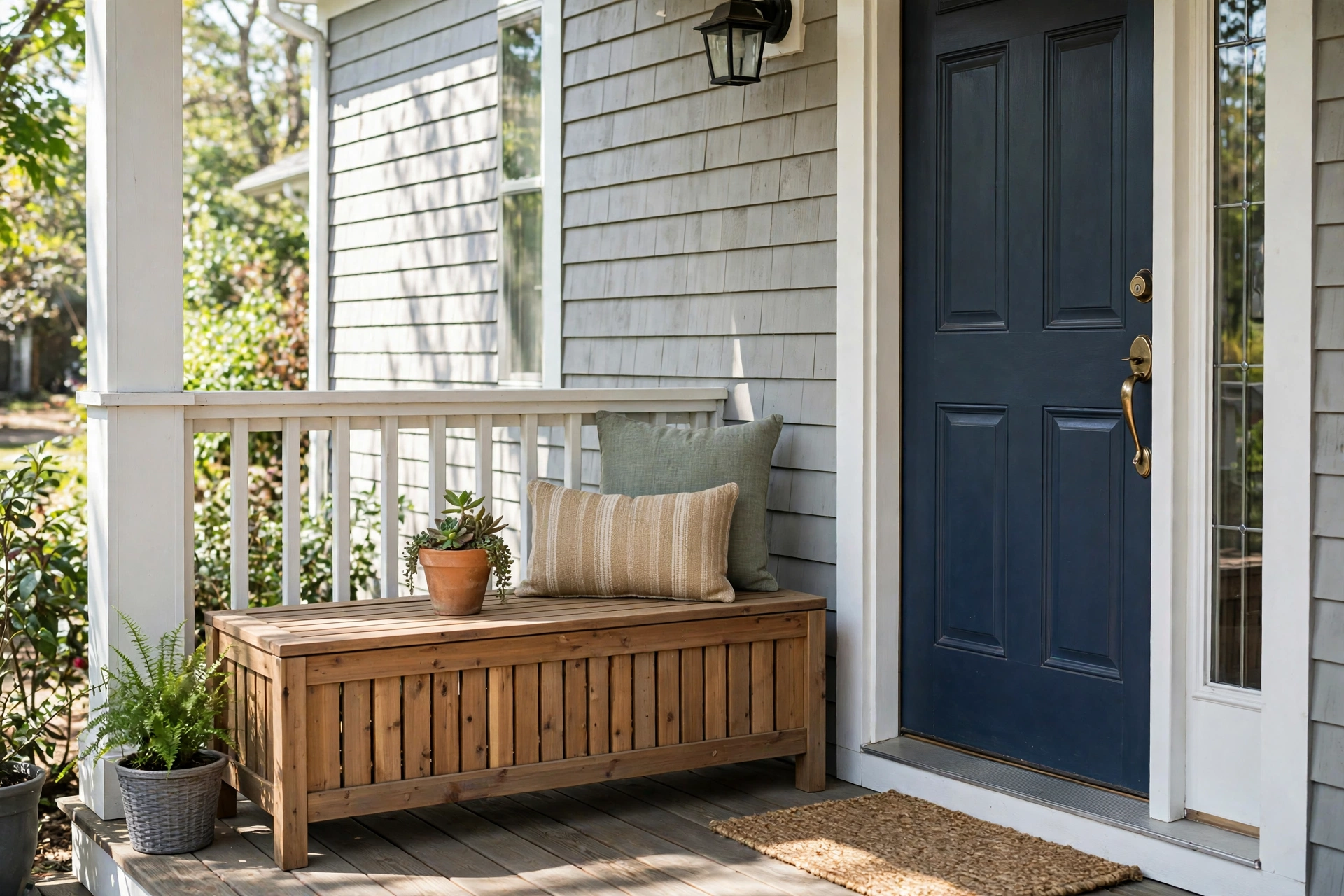 Front porch decorating ideas with a wooden storage bench holding cushions and packages beside the front door.