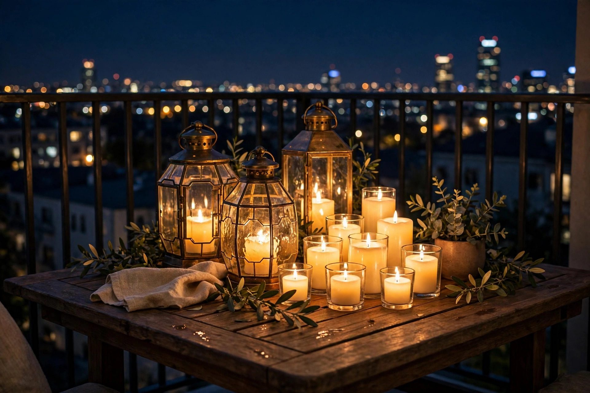 Balcony decor ideas with glowing lanterns and flameless candles clustered on a balcony table at night.