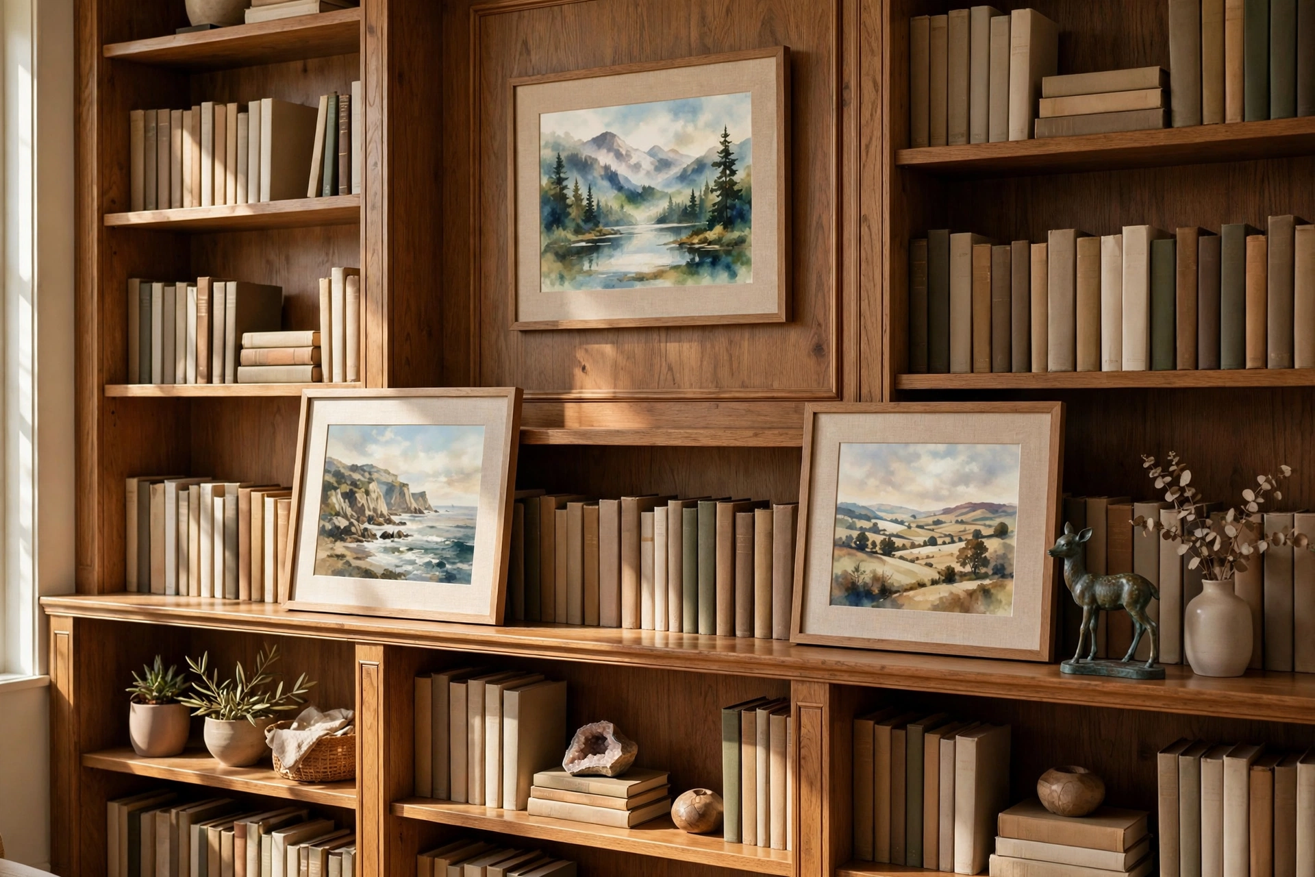 Home library design ideas showing framed artwork hung and leaning among books on styled shelves.