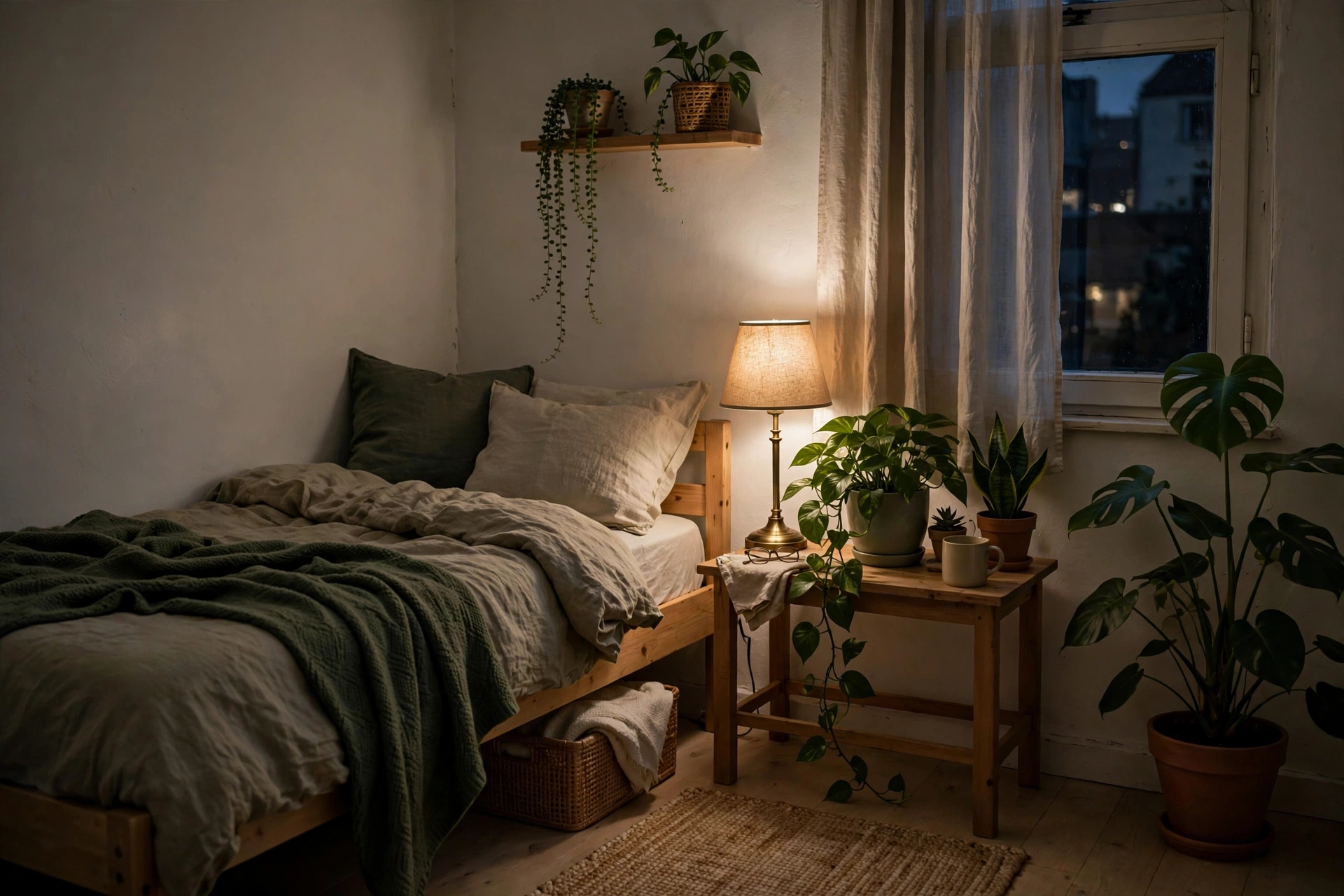 Low-light houseplants adding life to a small apartment bedroom