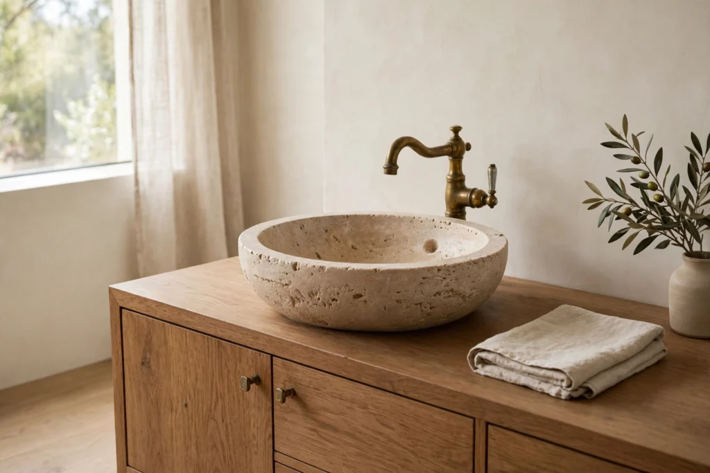 Travertine vessel sink on a warm wood vanity with aged brass faucet
