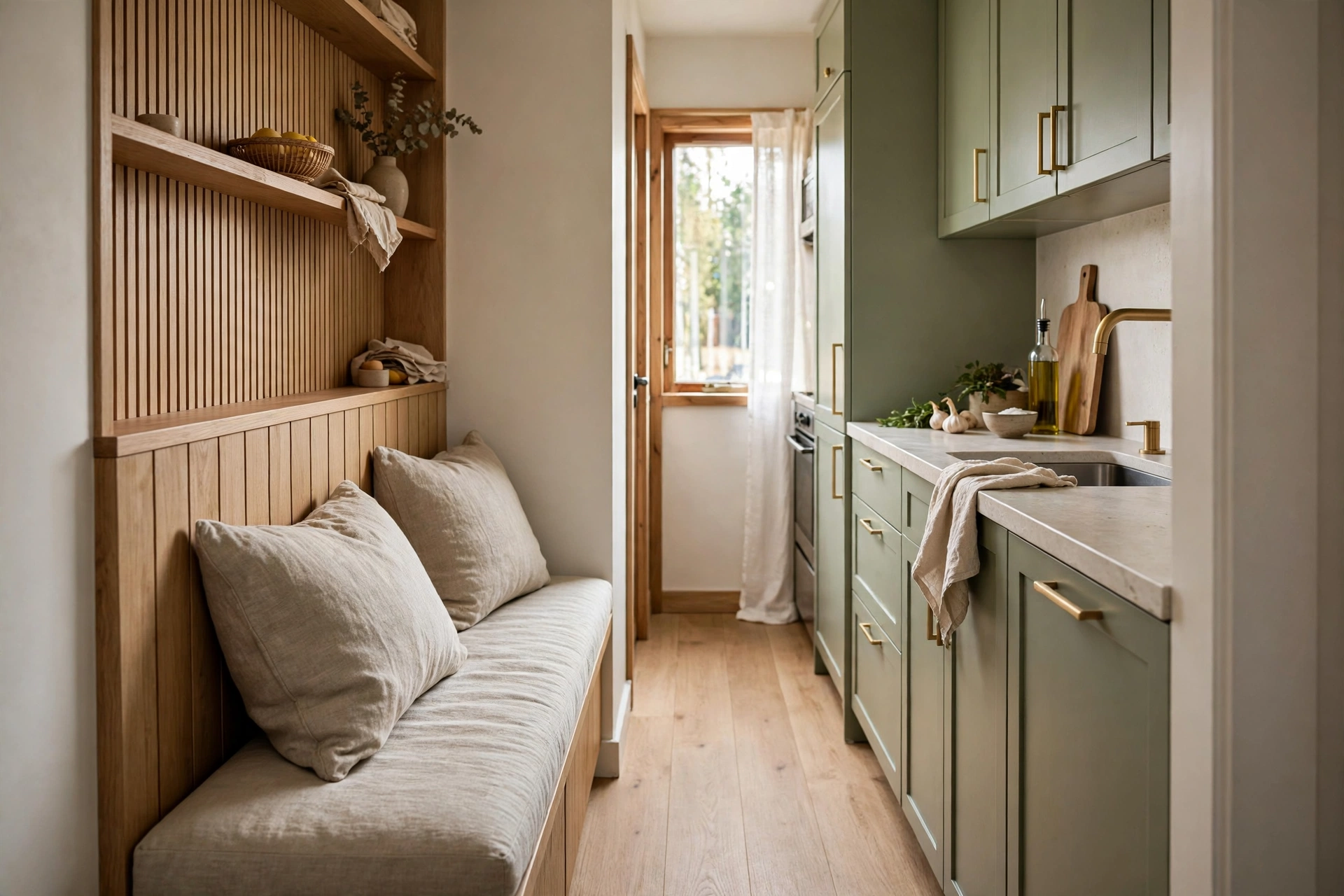 Slim 16 inch banquette bench along narrow galley kitchen wall