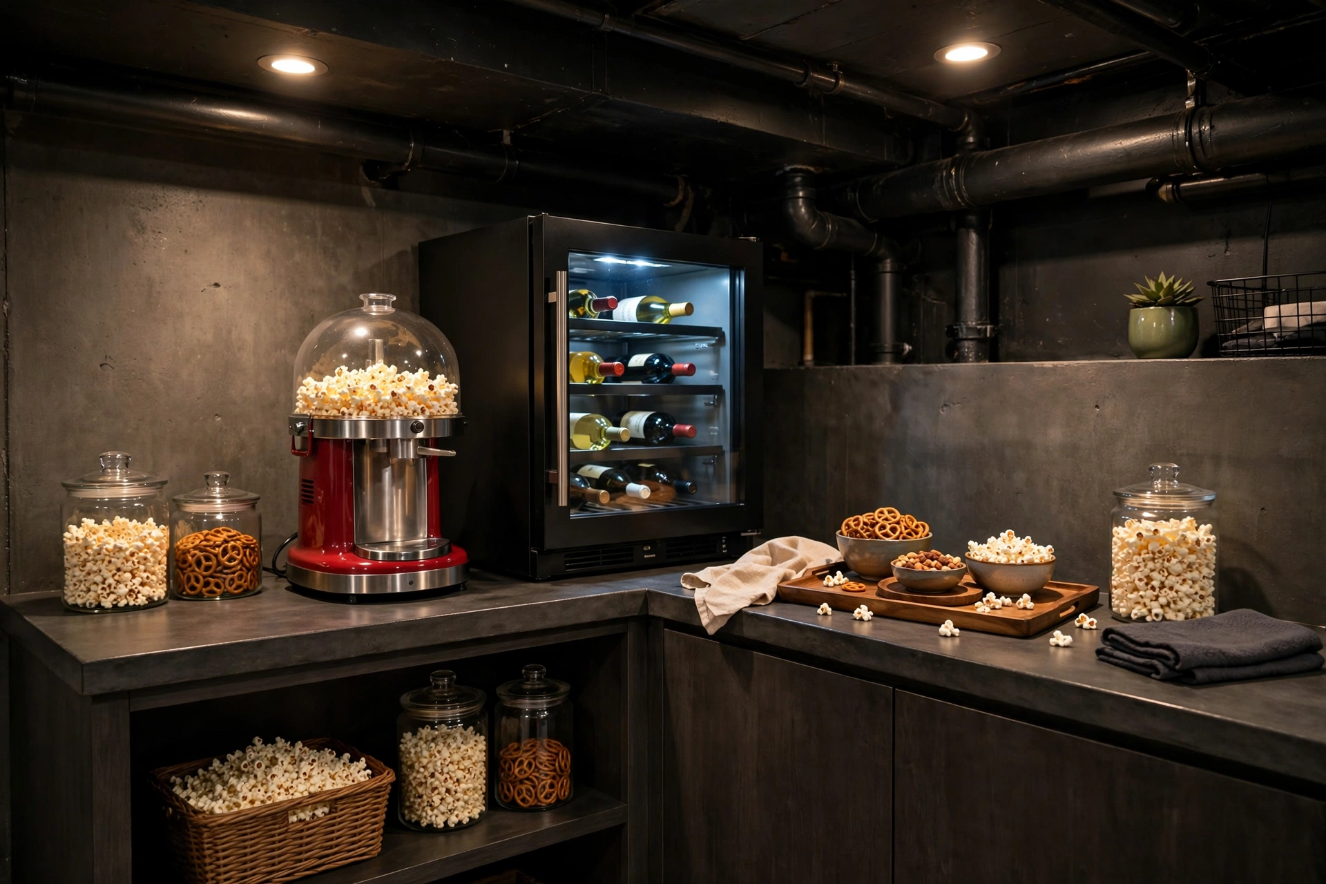 Compact basement snack station with popcorn maker, wine fridge, and serving trays