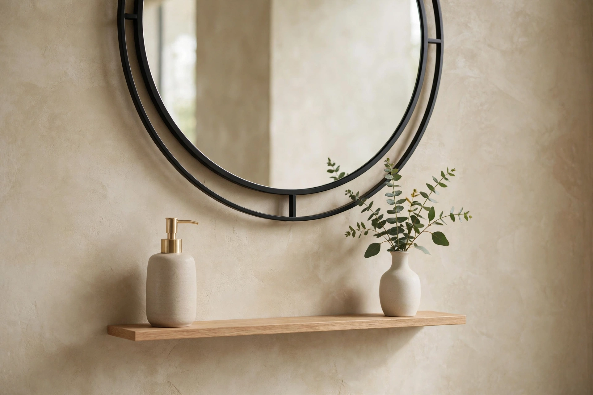 Slim shelf under round statement mirror with soap dispenser and bud vase