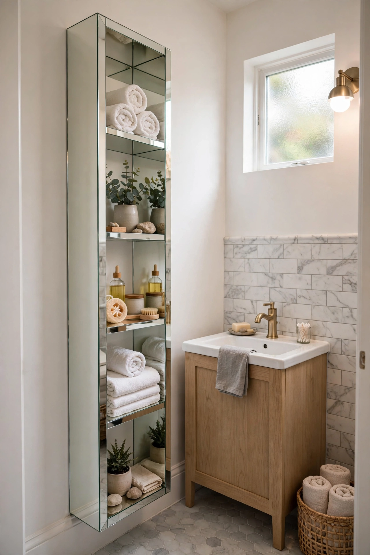 Tall narrow mirrored storage tower with shelves in small bathroom