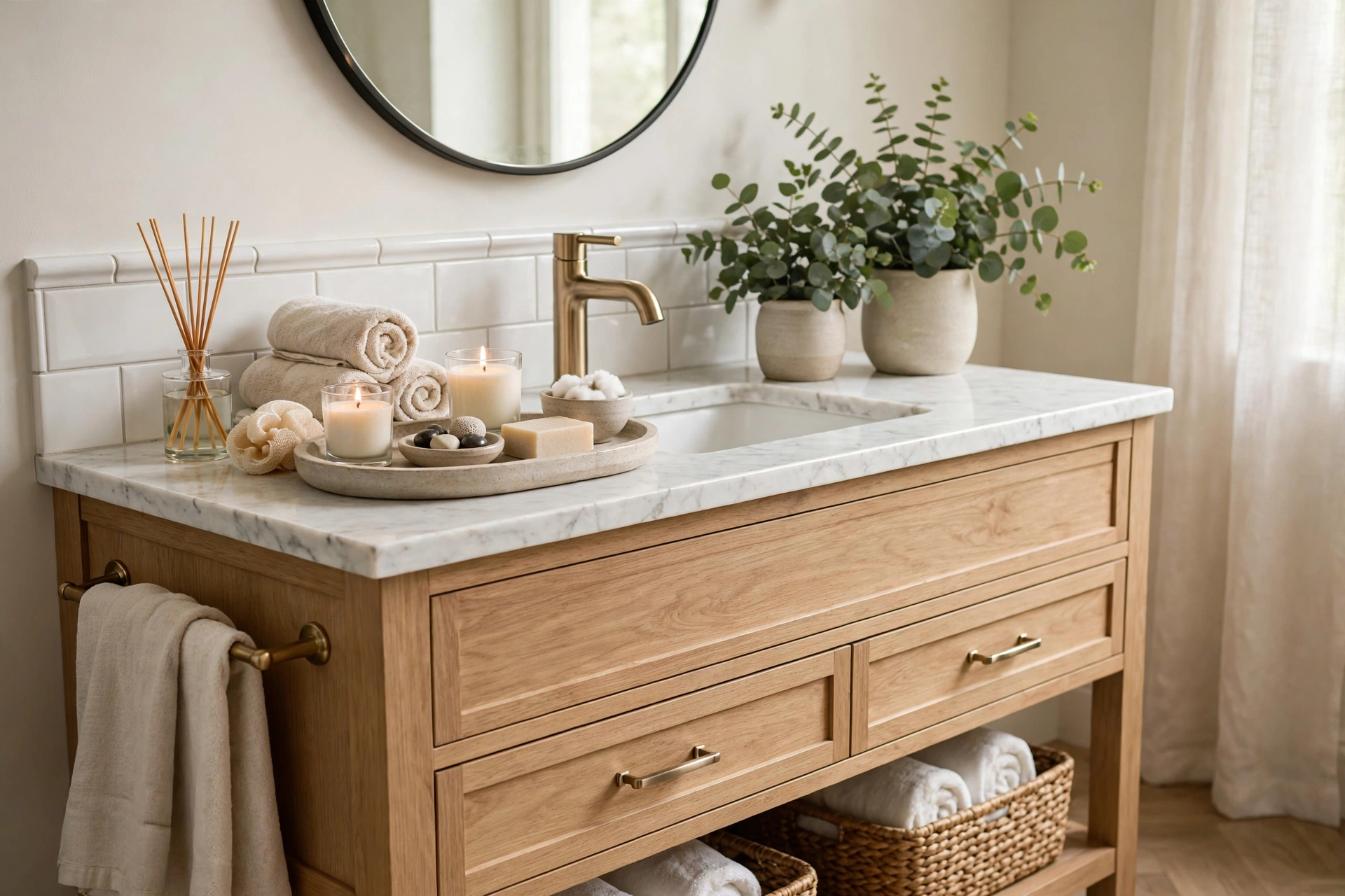 Styled bathroom vanity with tray, plant, and spa decor
