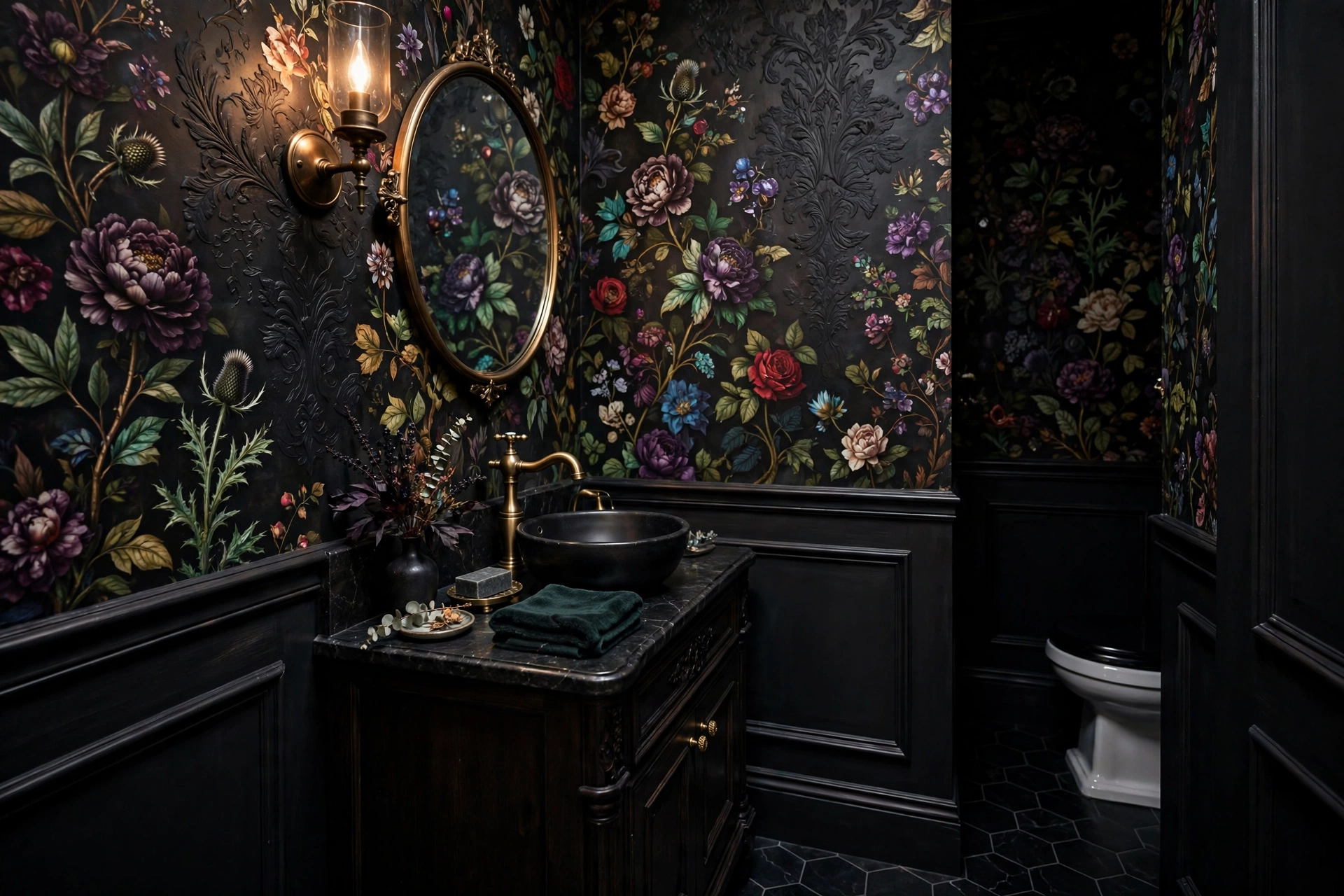 Dark gothic floral wallpaper with jewel toned blooms in moody powder room
