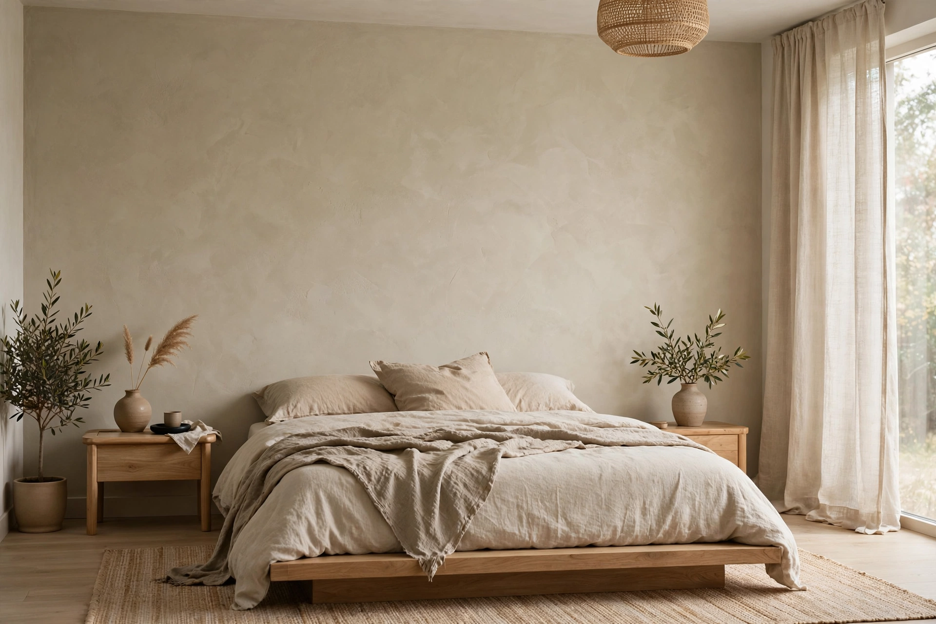 Calm Japandi neutral accent wall with subtle texture in a serene bedroom