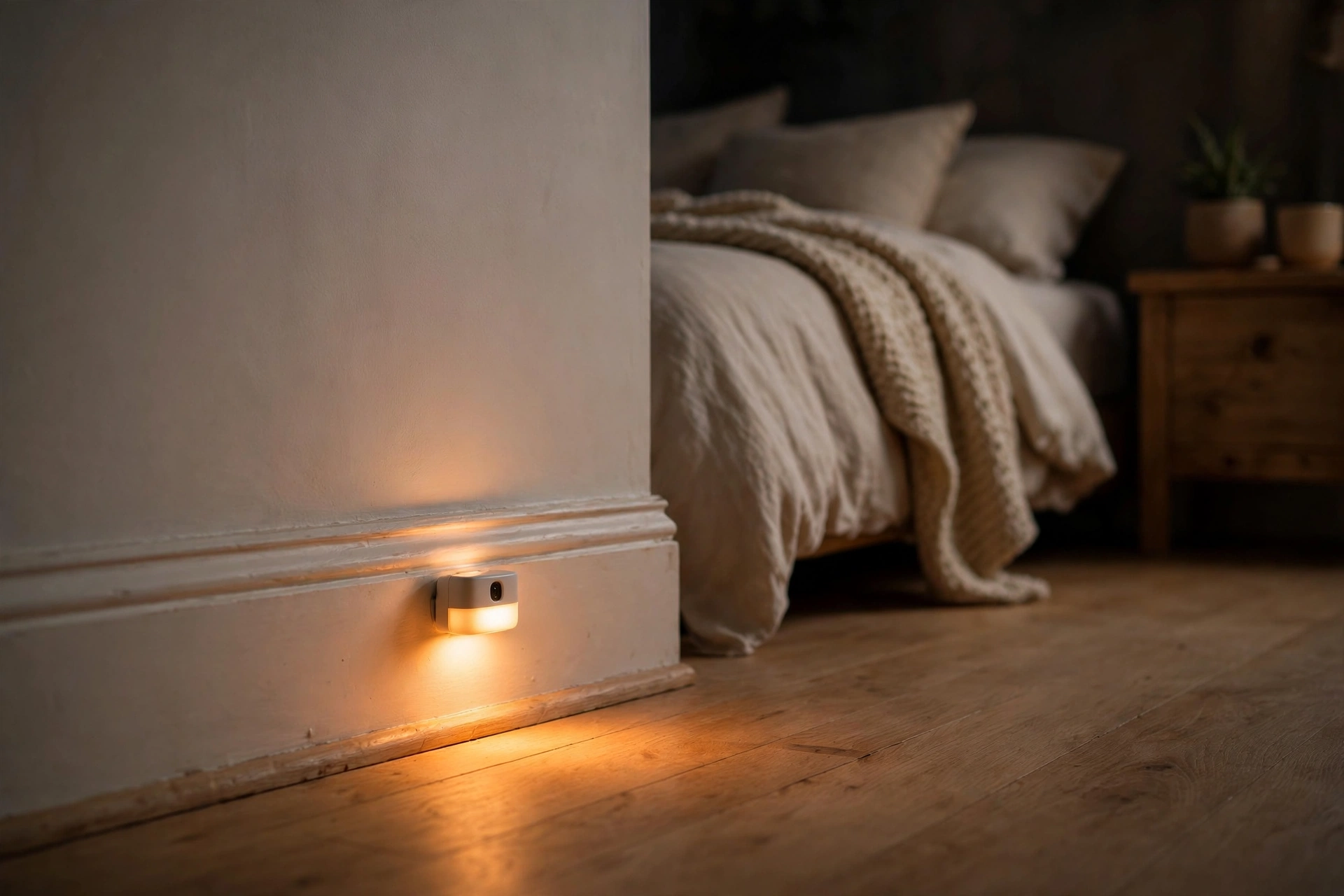 Low warm motion-sensor night light glowing along a bedroom baseboard