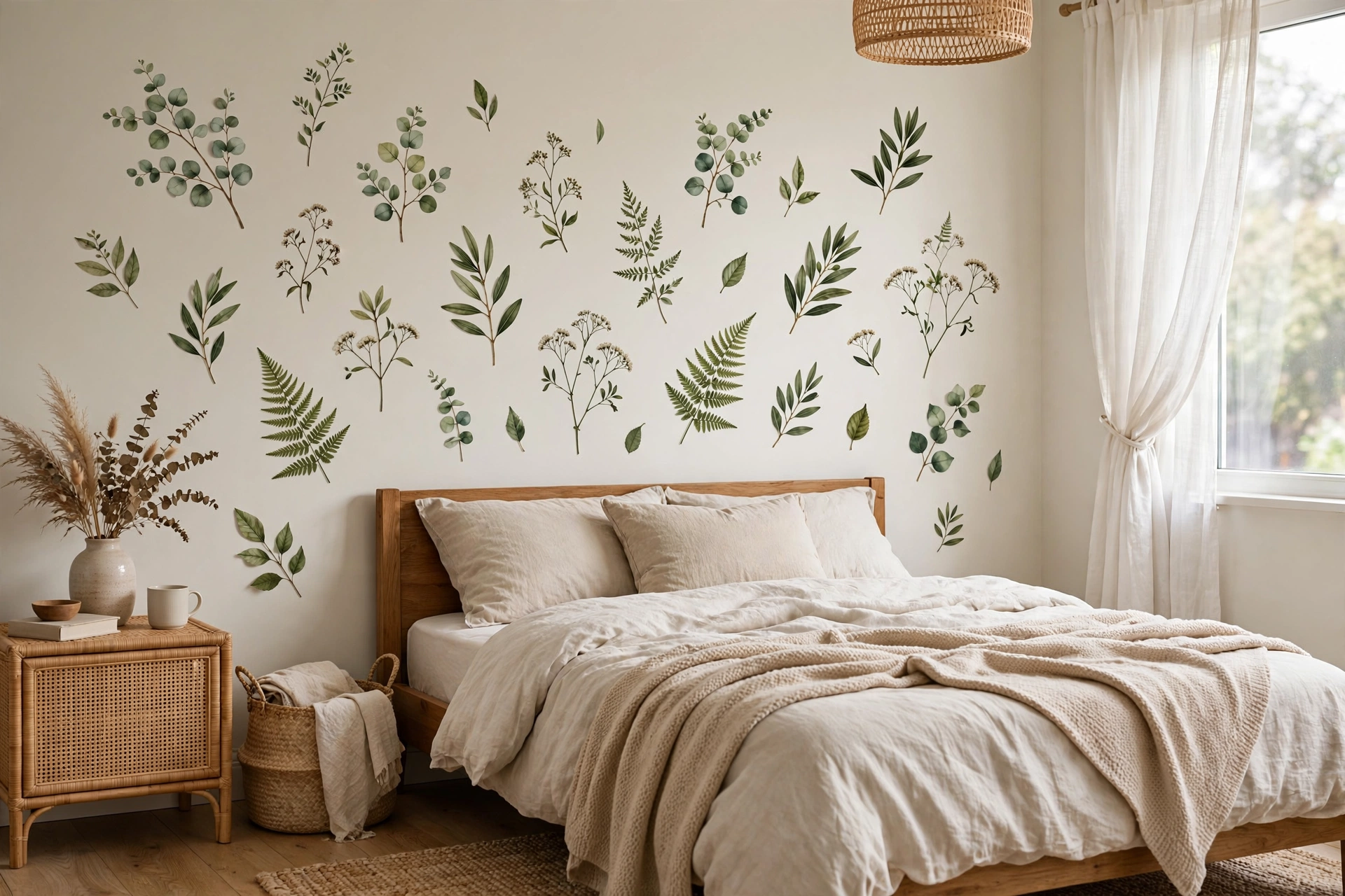 Removable botanical wall decals decorating a renter-friendly bedroom wall