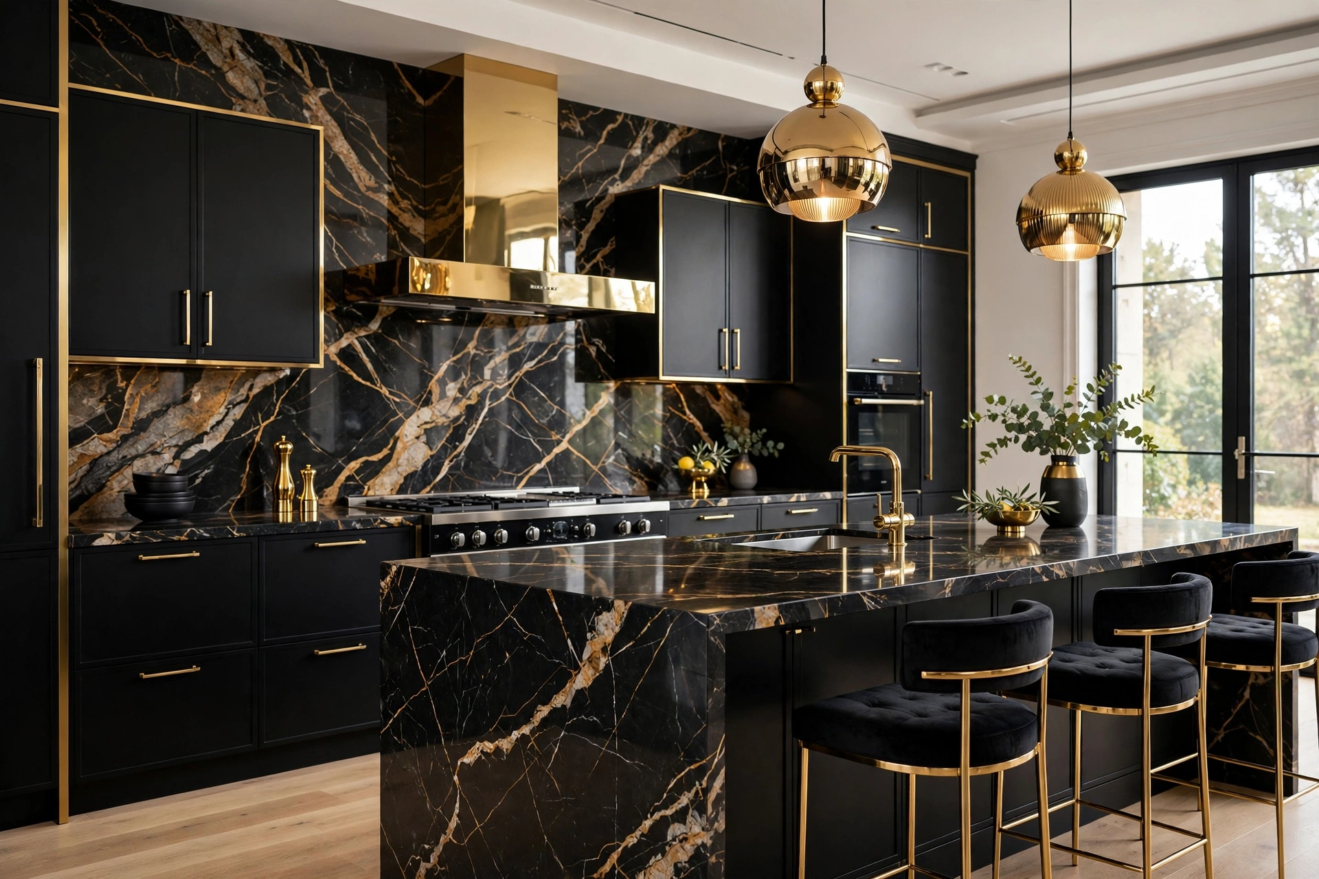 Luxurious black and gold kitchen with metallic accents and marble