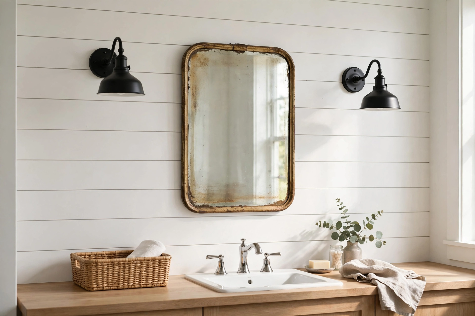 Black barn sconces flanking a vintage mirror in a shiplap farmhouse bathroom