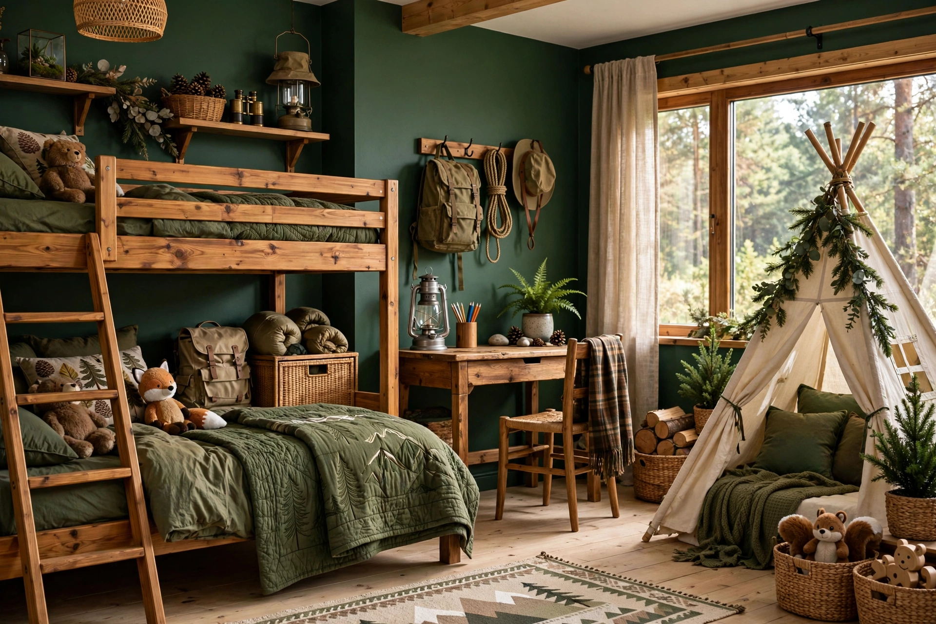 Woodland camping themed boys bedroom with forest green walls