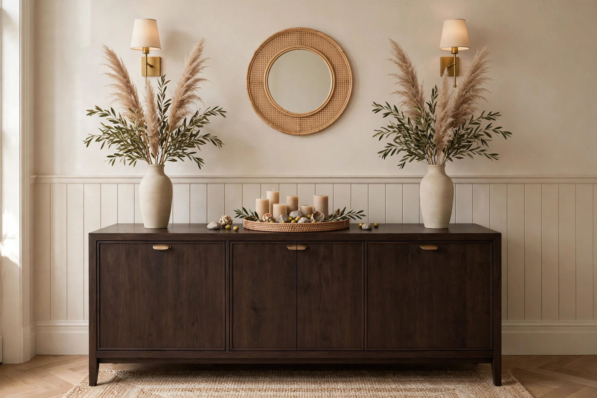 Symmetrical buffet with tall vases and low center tray