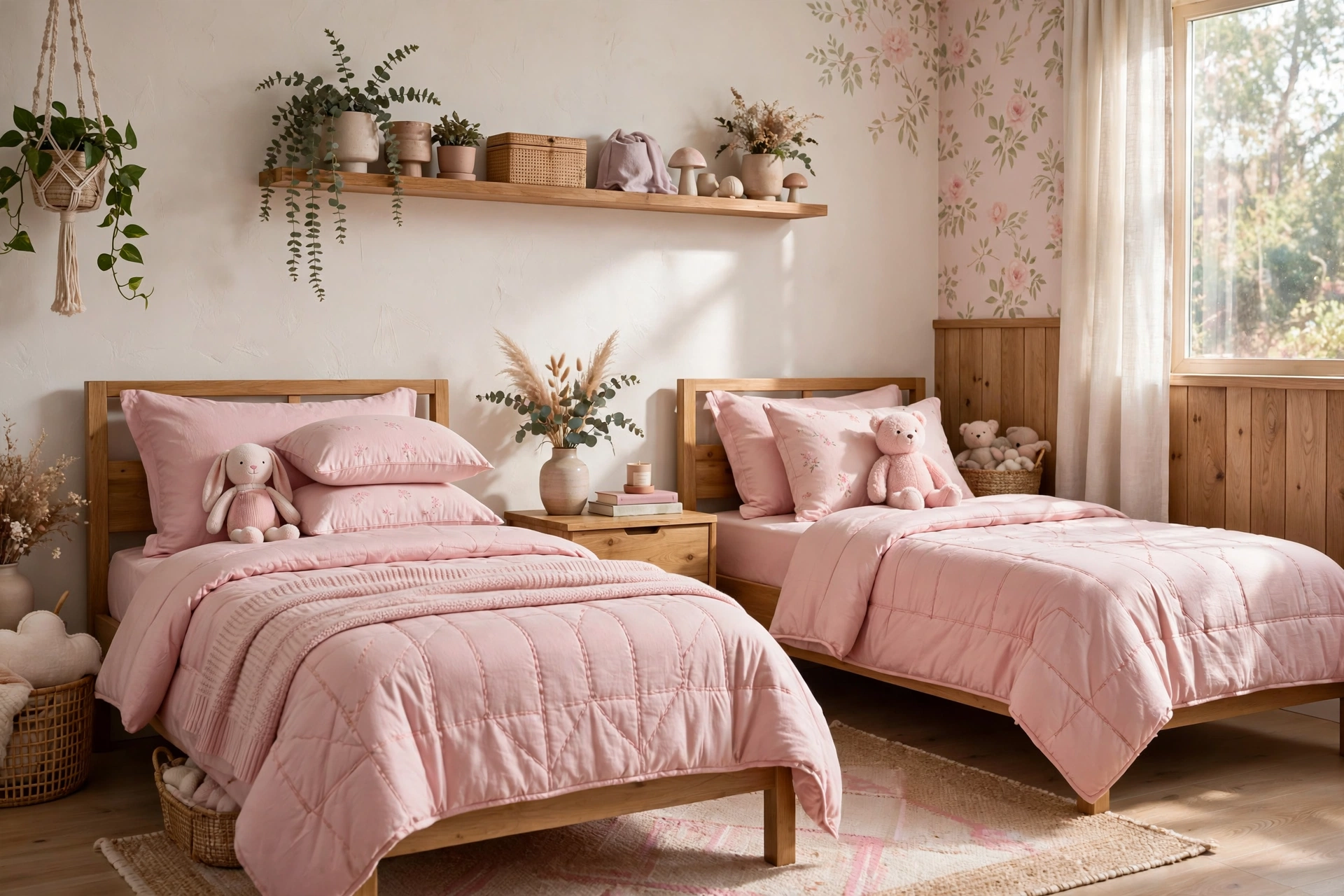 Shared girls bedroom with twin beds and matching pink bedding