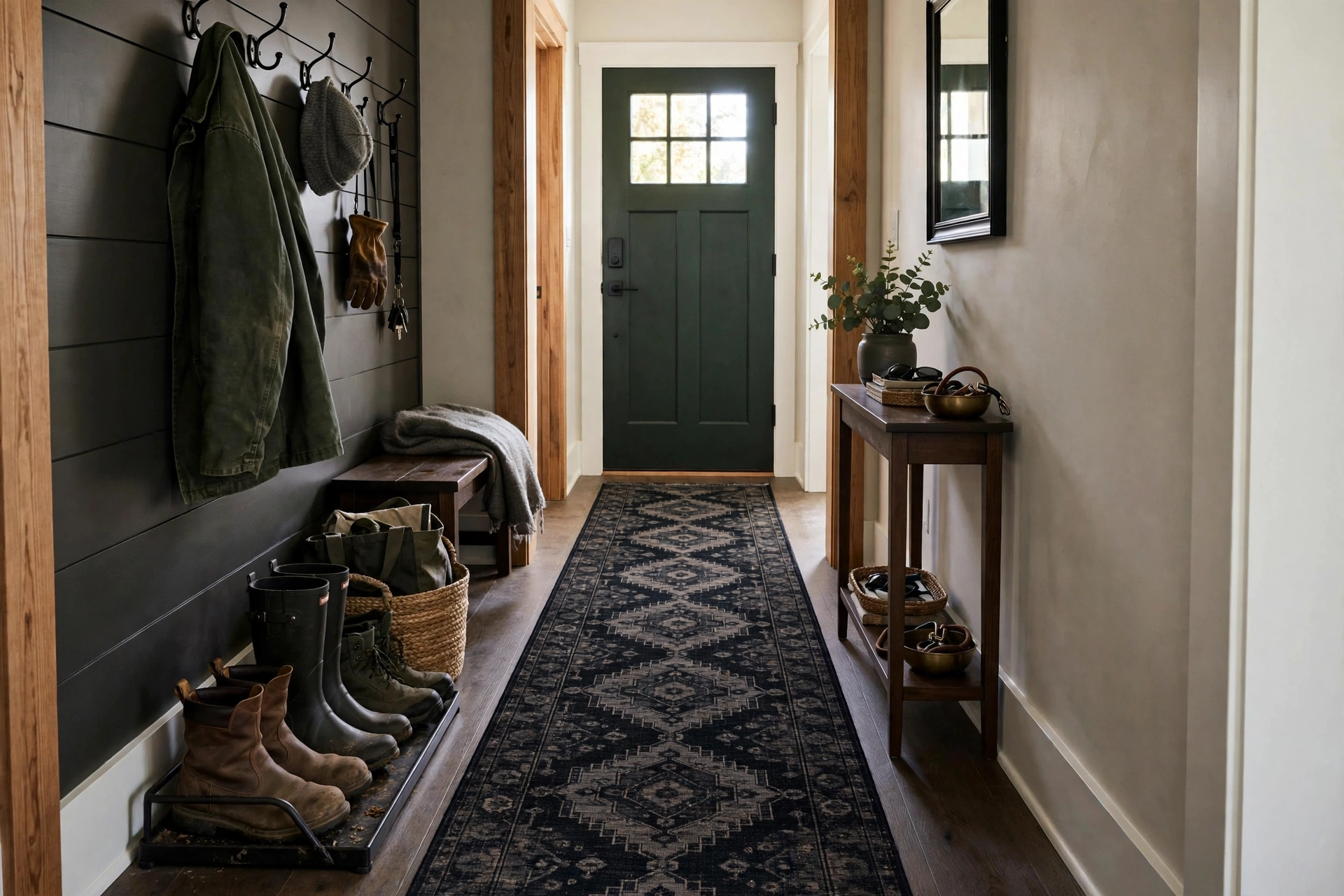 Dark patterned runner rug anchoring a hardworking entry hallway with boot tray