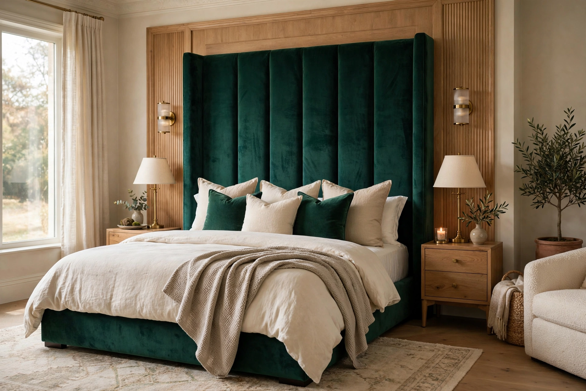 Velvet statement headboard in emerald green elevating a luxurious bedroom