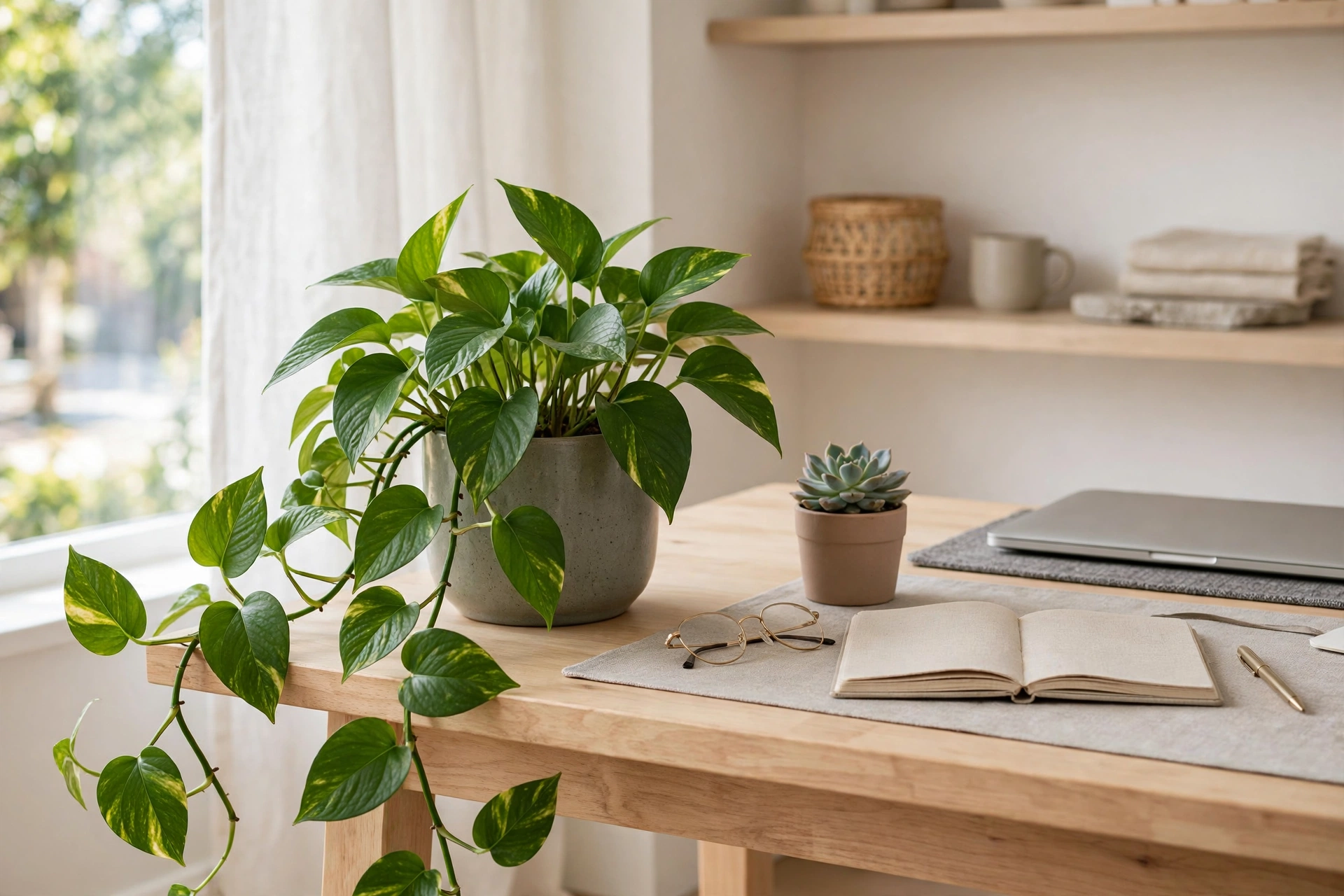 Pothos plant and small succulent decorating bright home office desk