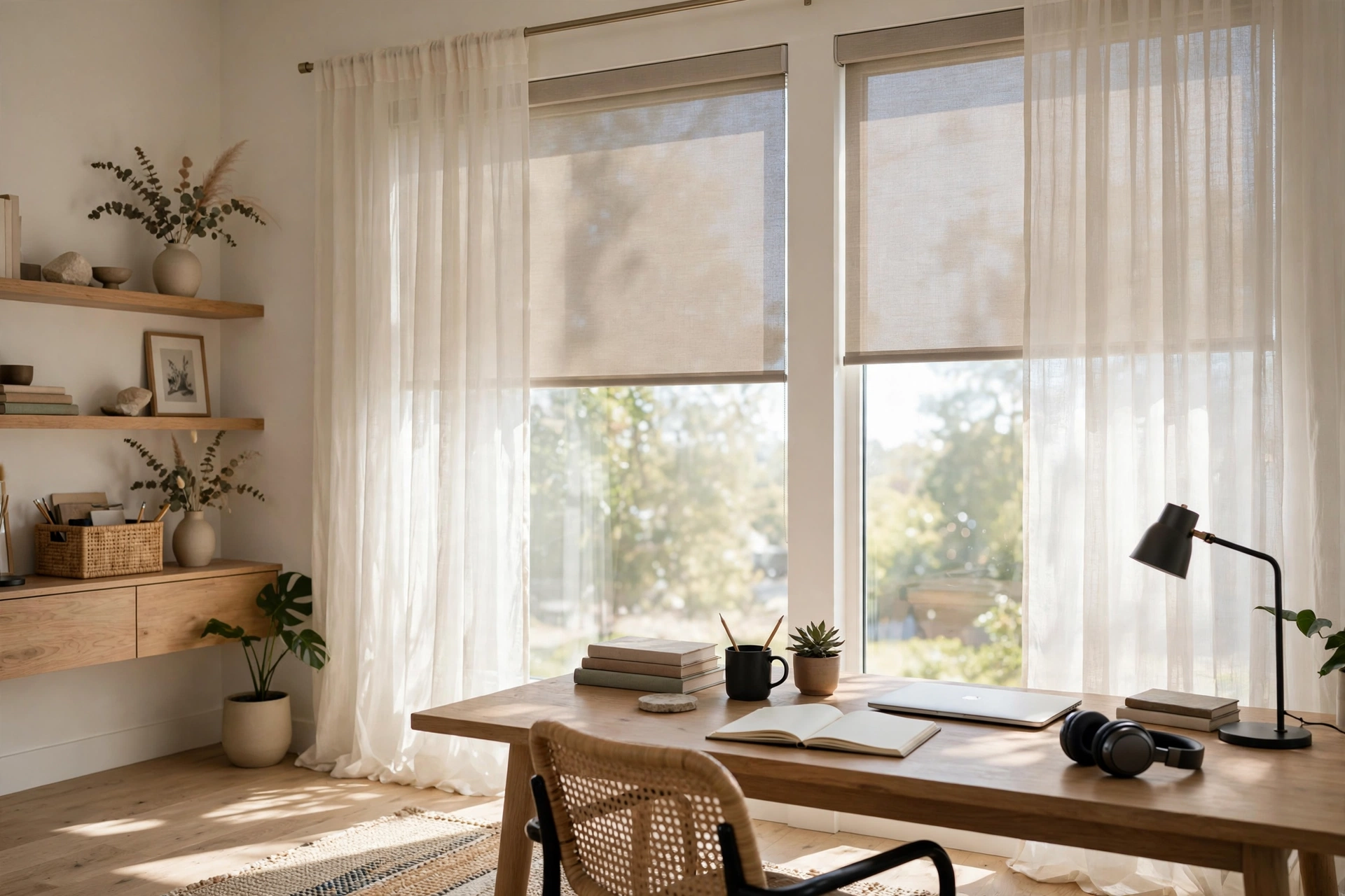 Sheer curtains and shades controlling glare in bright home office