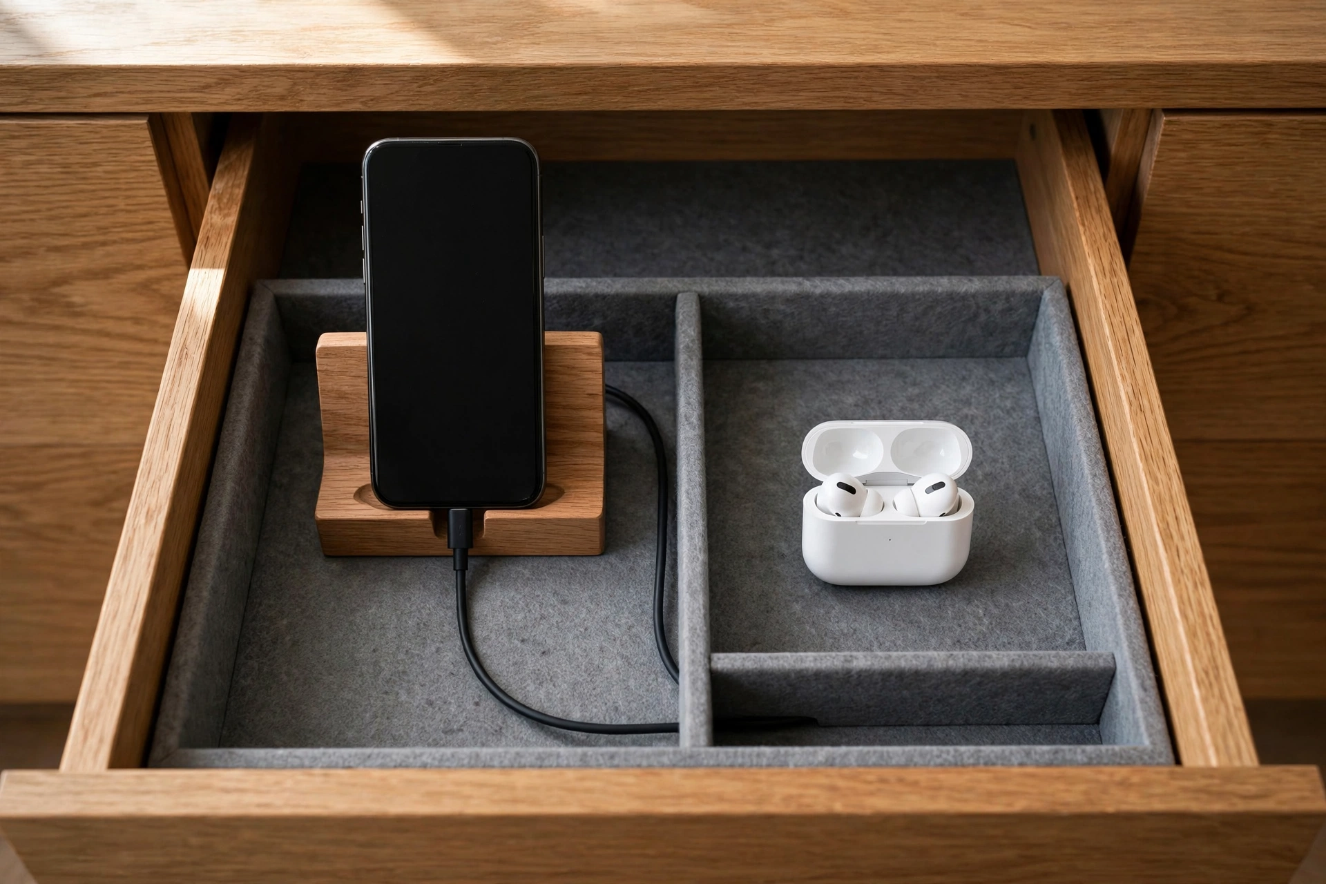Drawer charging station with phone and earbuds neatly docked