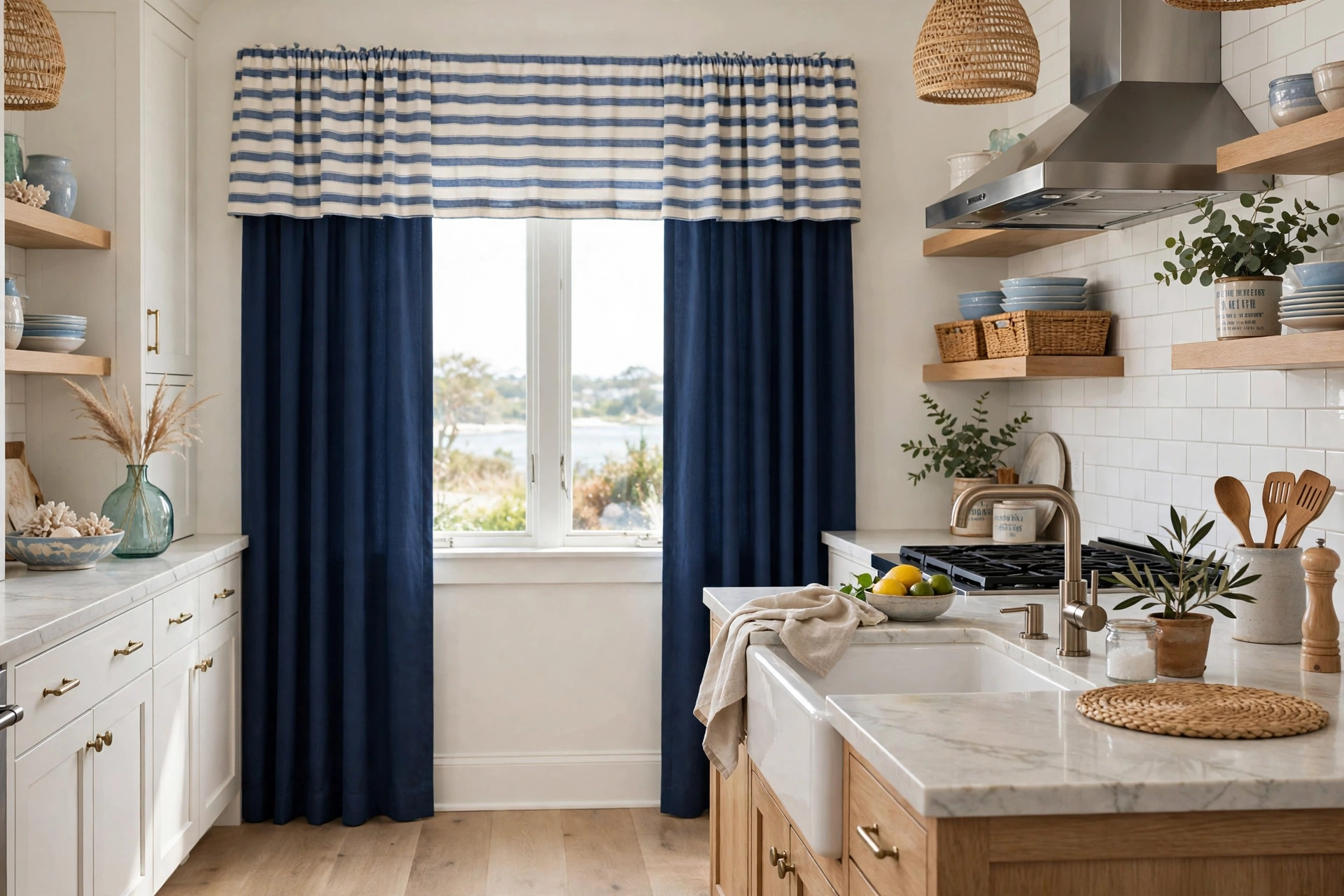 Striped valance paired with solid navy curtain panels in a coastal kitchen