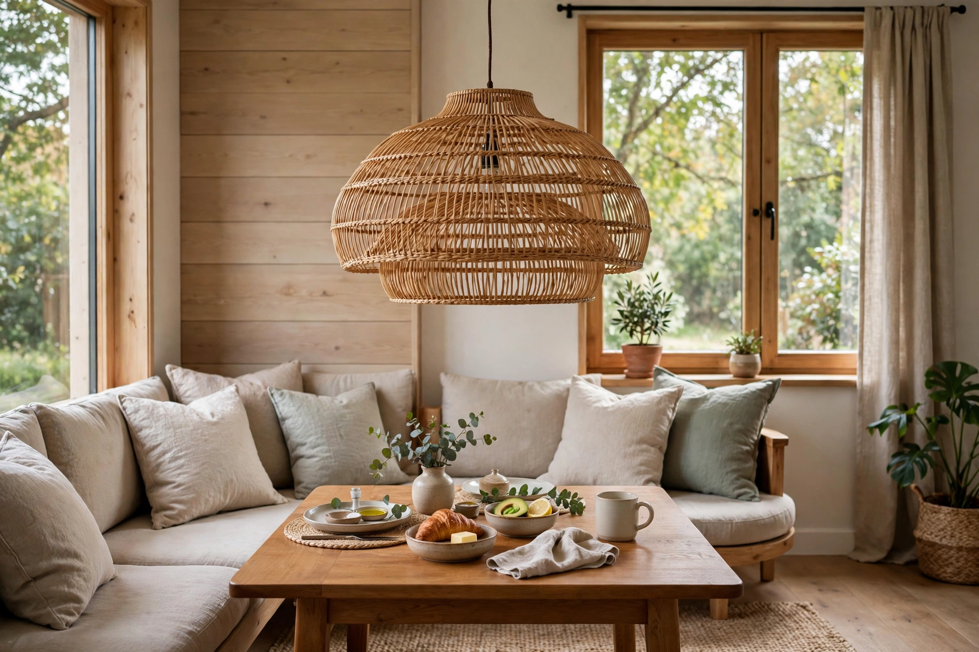Statement rattan pendant light centered over a breakfast nook dining table
