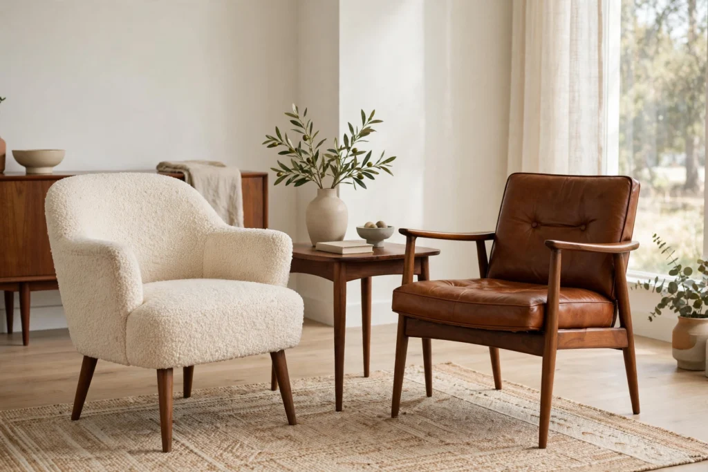 Bouclé armchair beside cognac leather chair with walnut table in a mid-century room