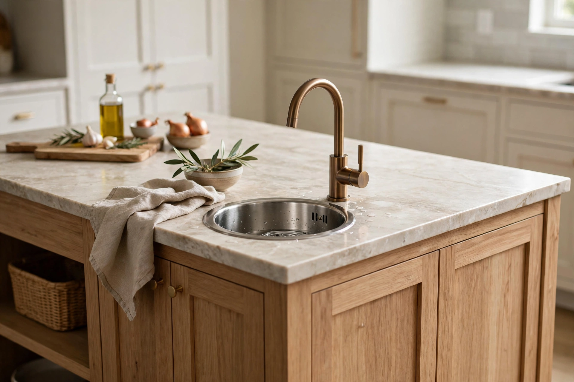 Small round prep sink with faucet installed in a kitchen island