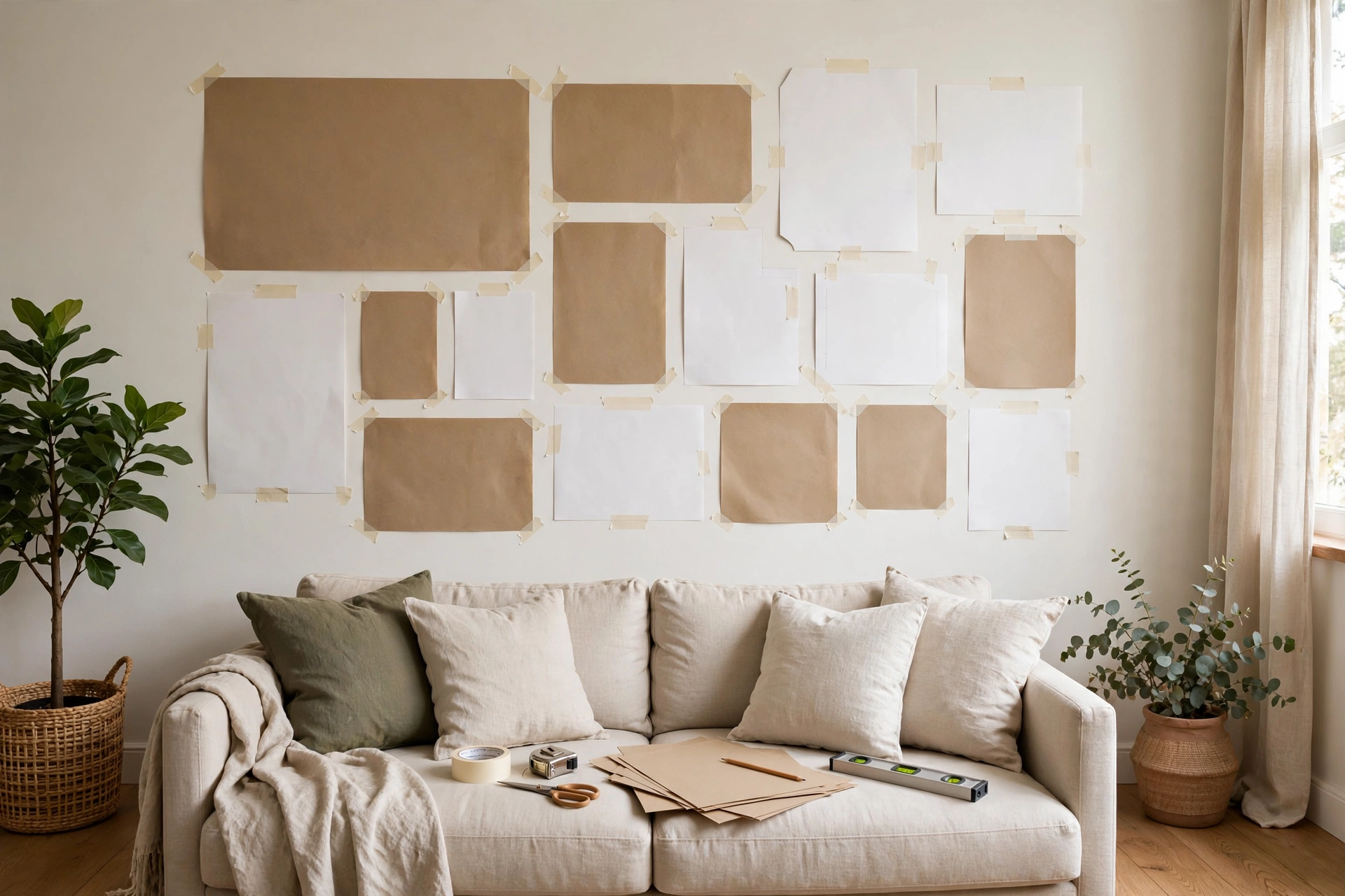 Paper template planning layout for living room gallery wall