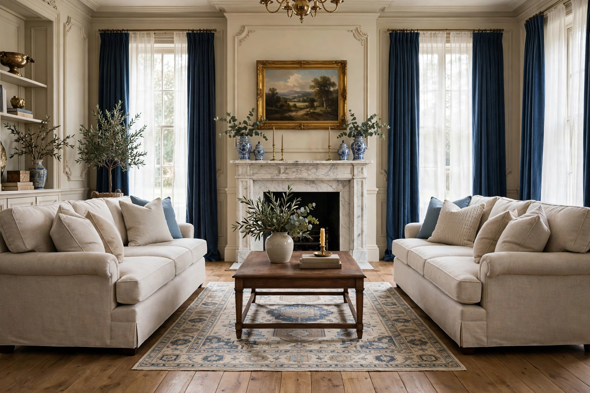 Formal living room layout with paired sofas facing each other