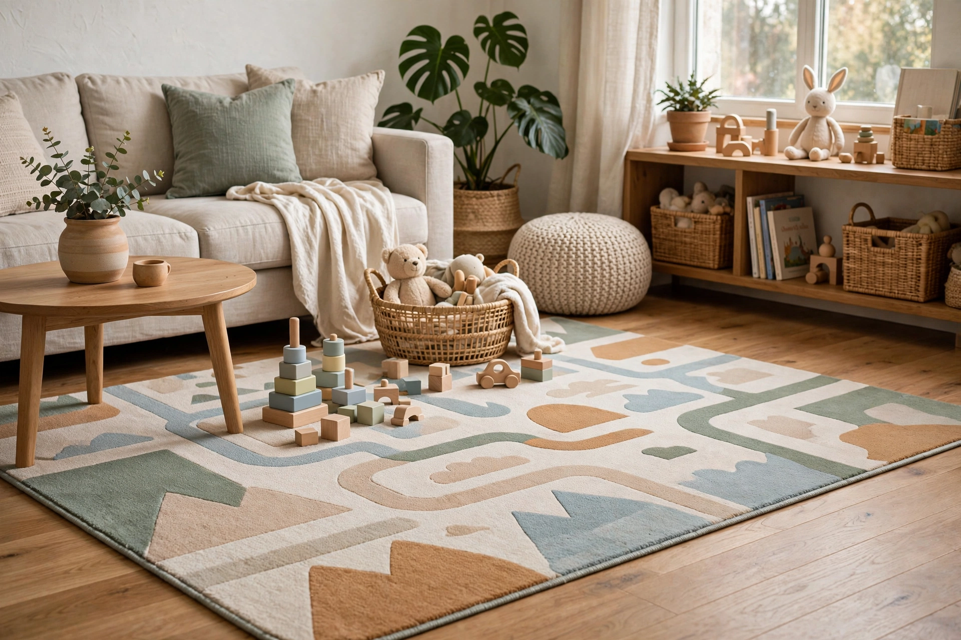 Washable kid friendly living room rug in a family space