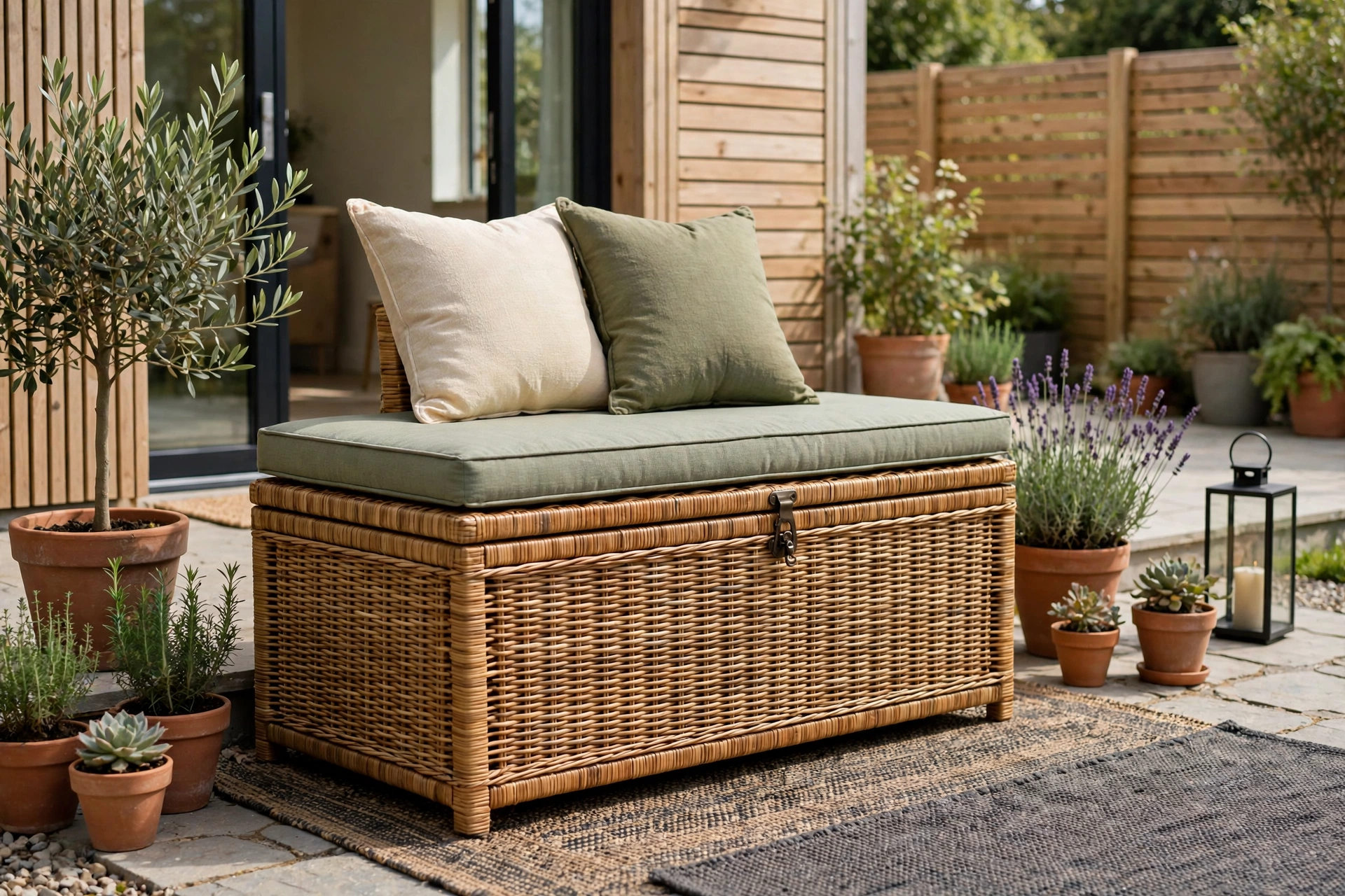 Wicker deck box doubling as bench on tidy patio