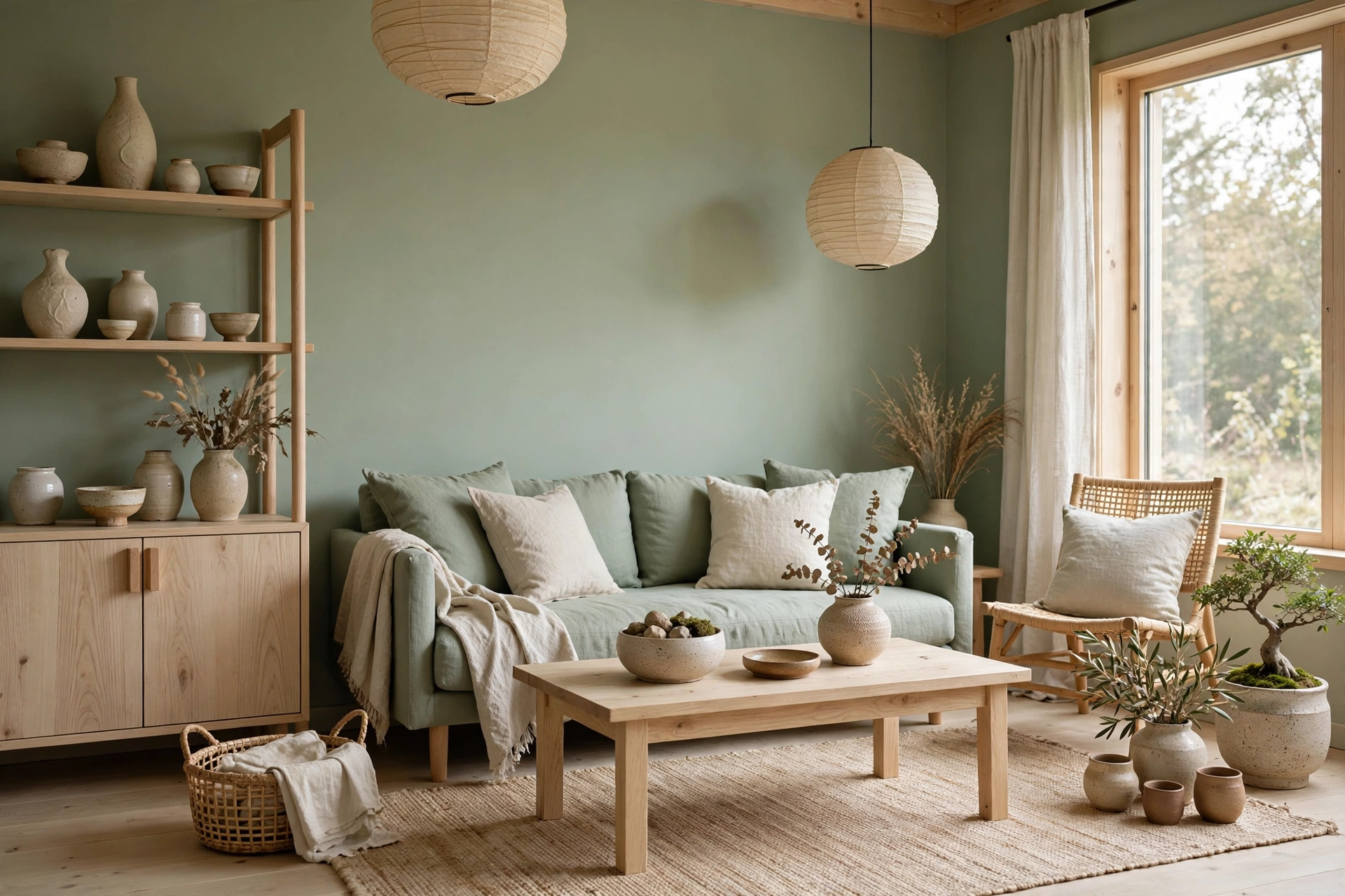 Japandi sage green living room with pale oak and handmade ceramics