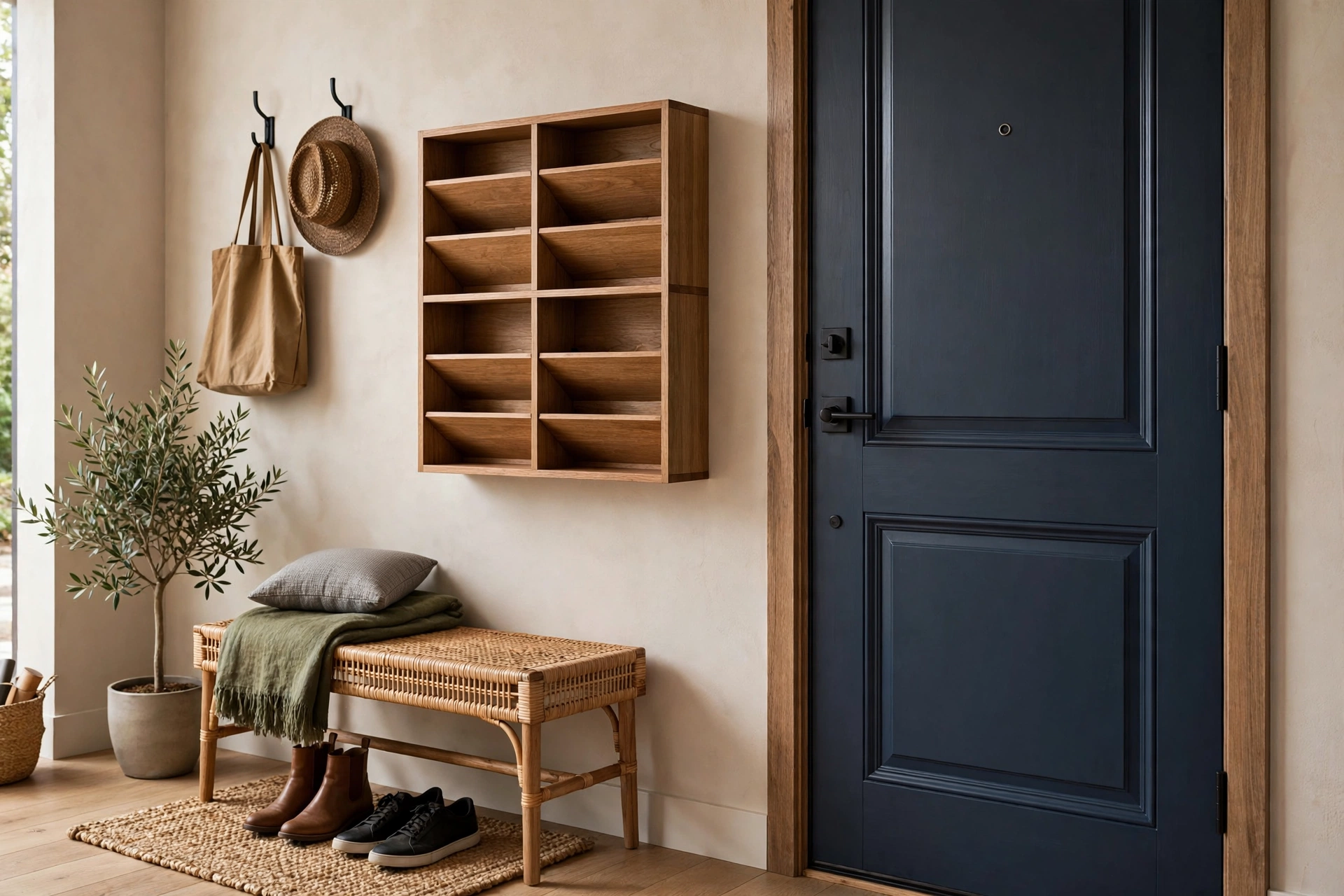 Wall mounted mail sorter with slots beside front door