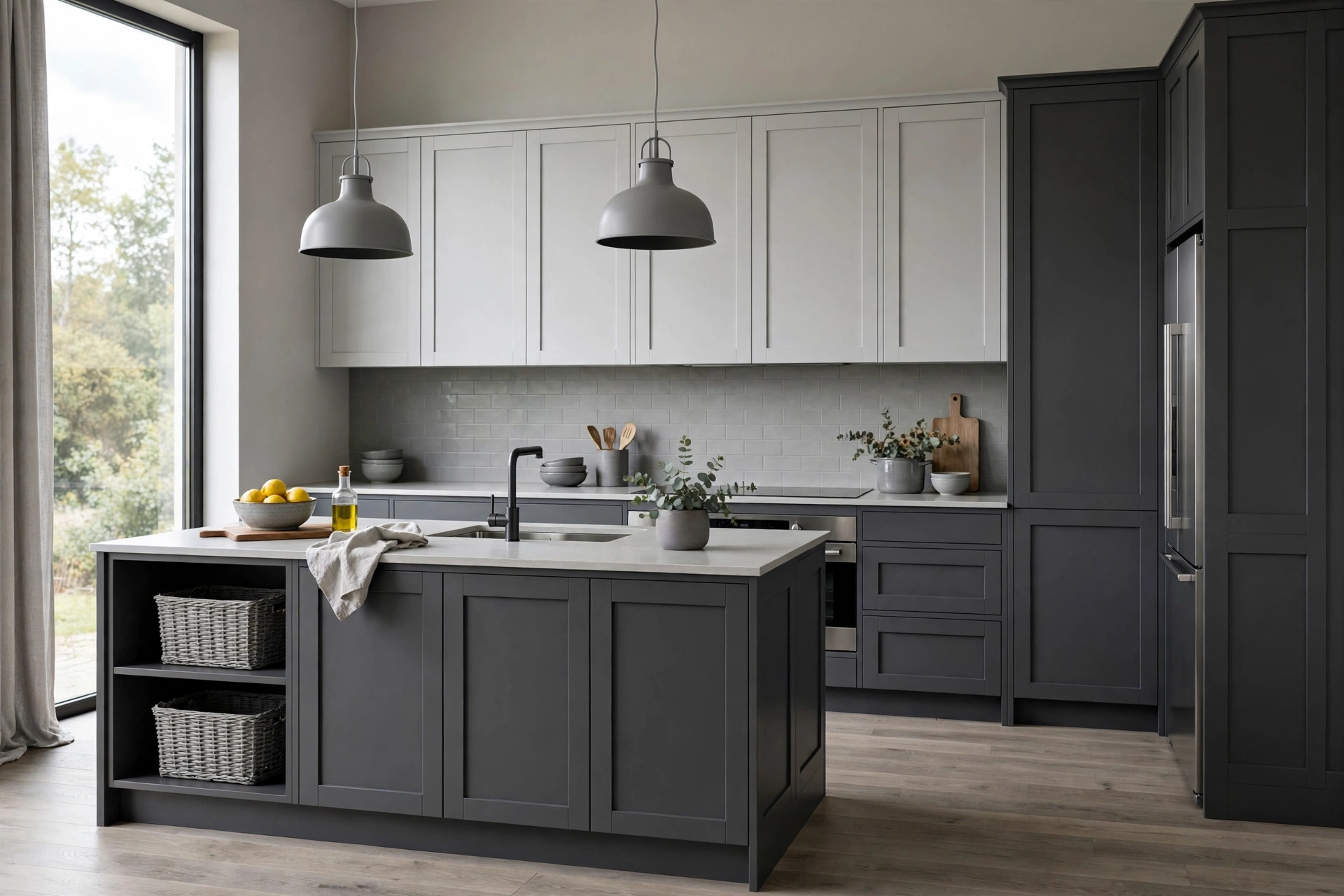 Tone-on-tone gray kitchen with light uppers and charcoal lower cabinets