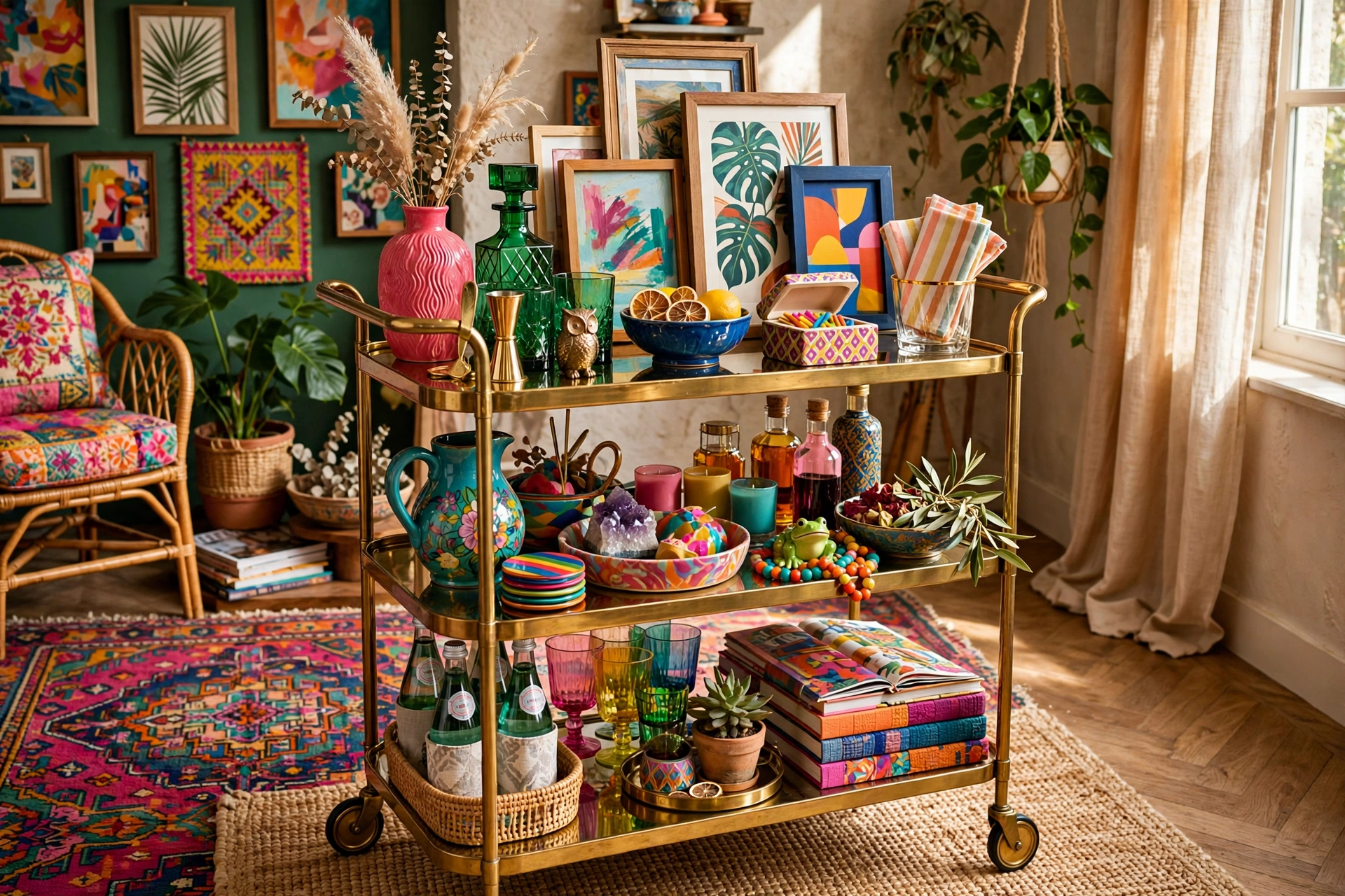 Eclectic Maximalist Bar Cart Layered With Colorful Art And Objects