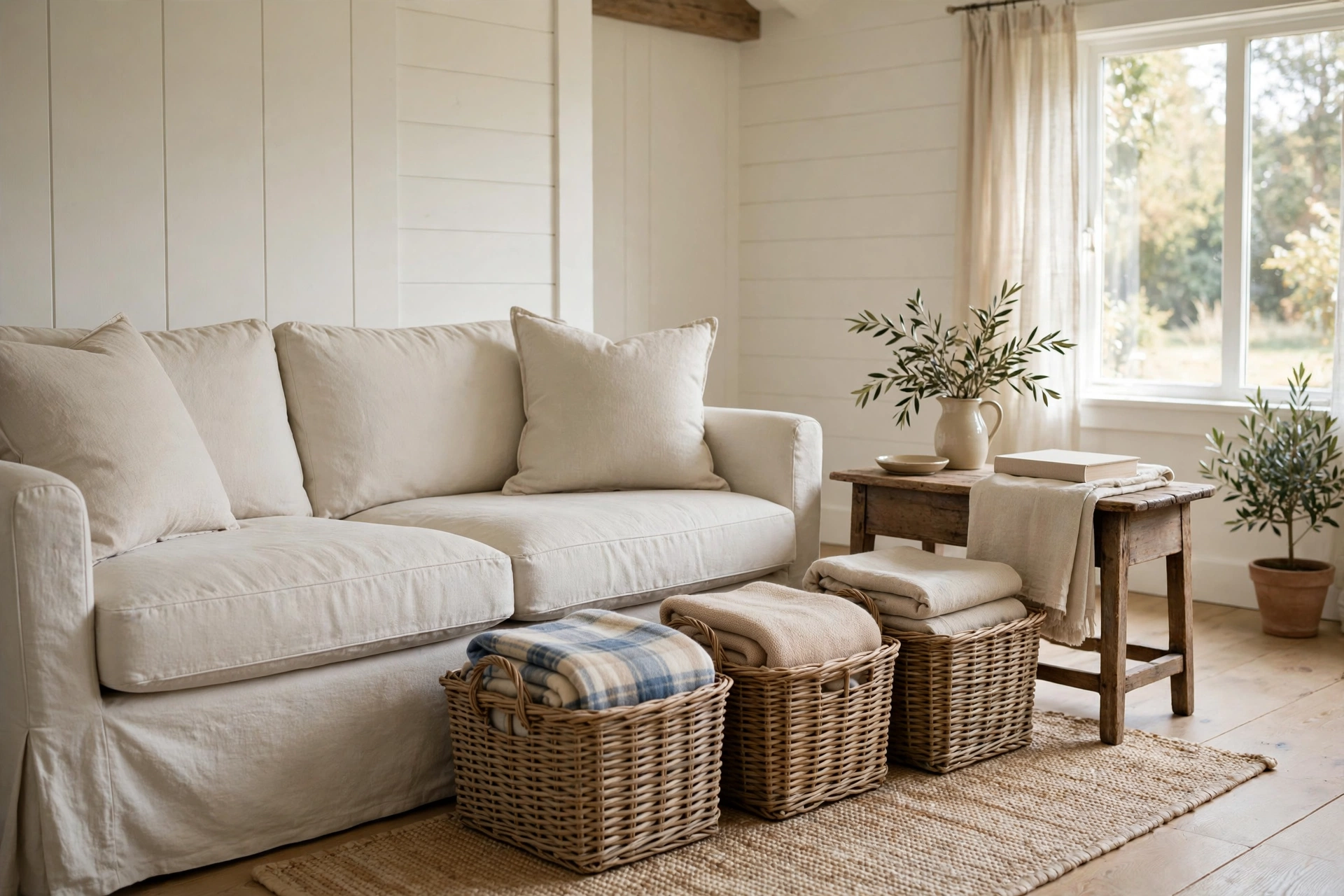 Woven wicker baskets for storage beside a slipcovered sofa in a cottage living room