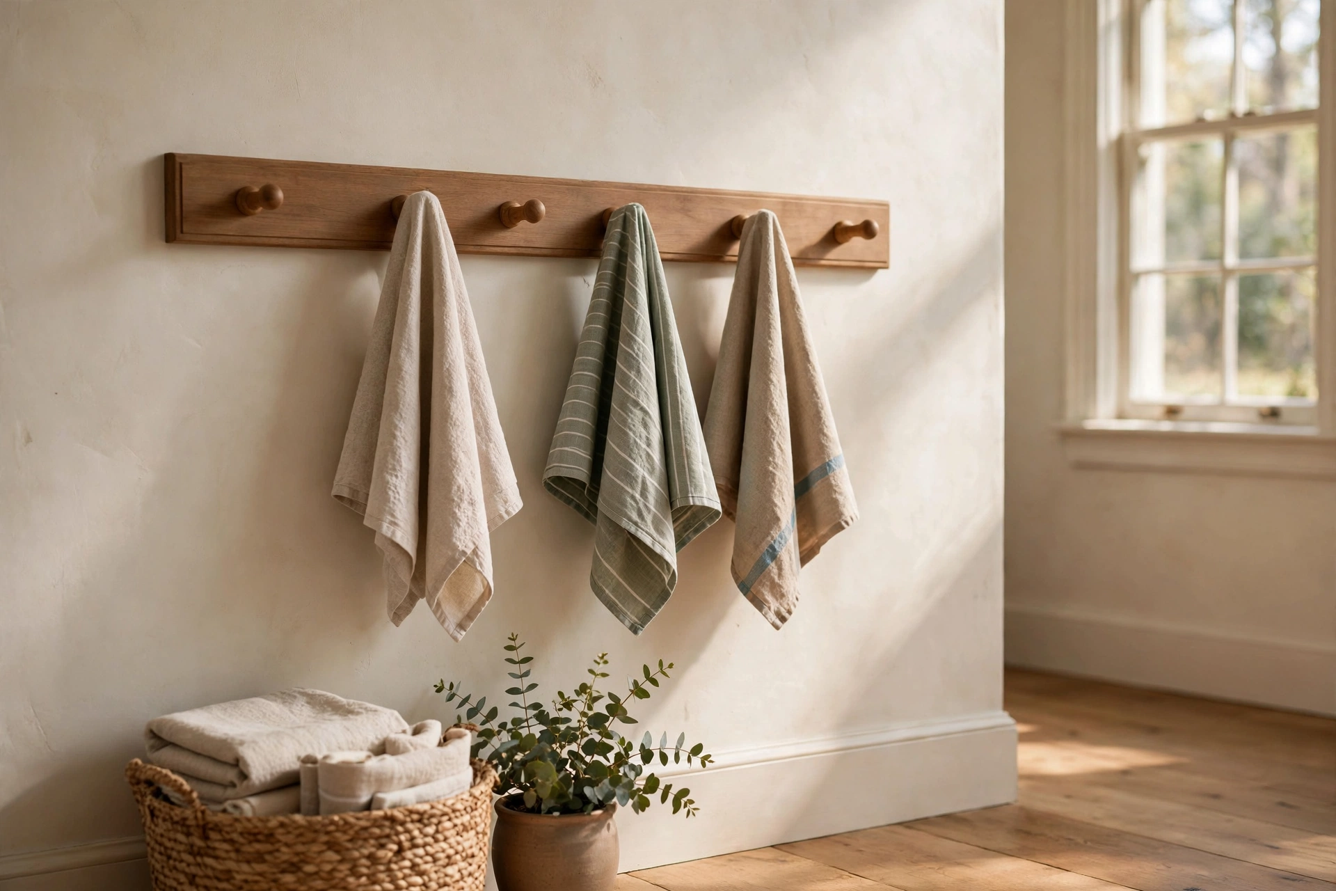 Wooden Shaker Peg Rail With Hanging Hand Towels On A Wall