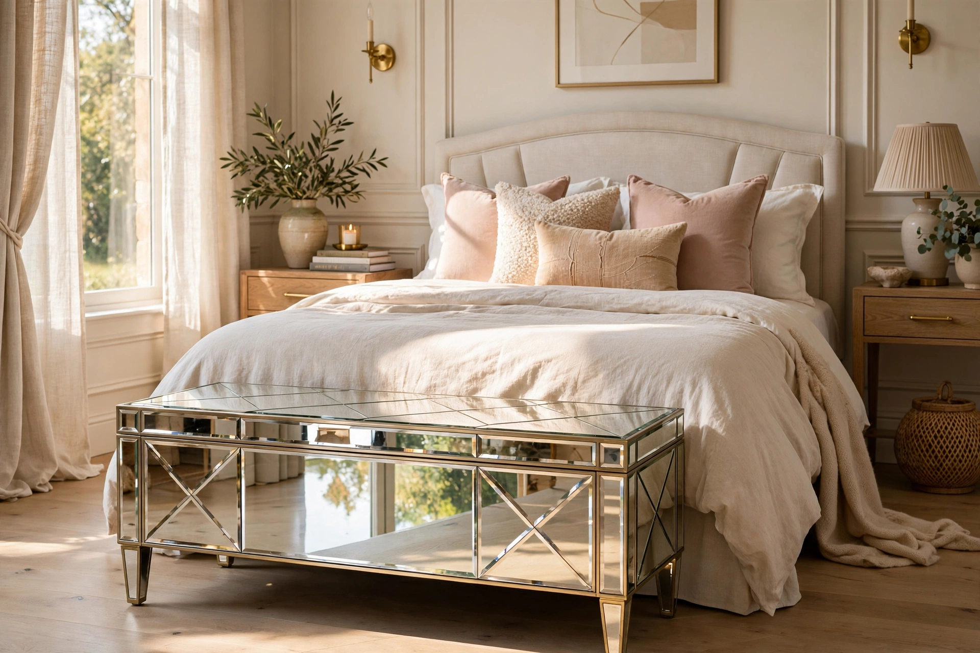 Glam Mirrored Bench Reflecting Light in Elegant Bedroom