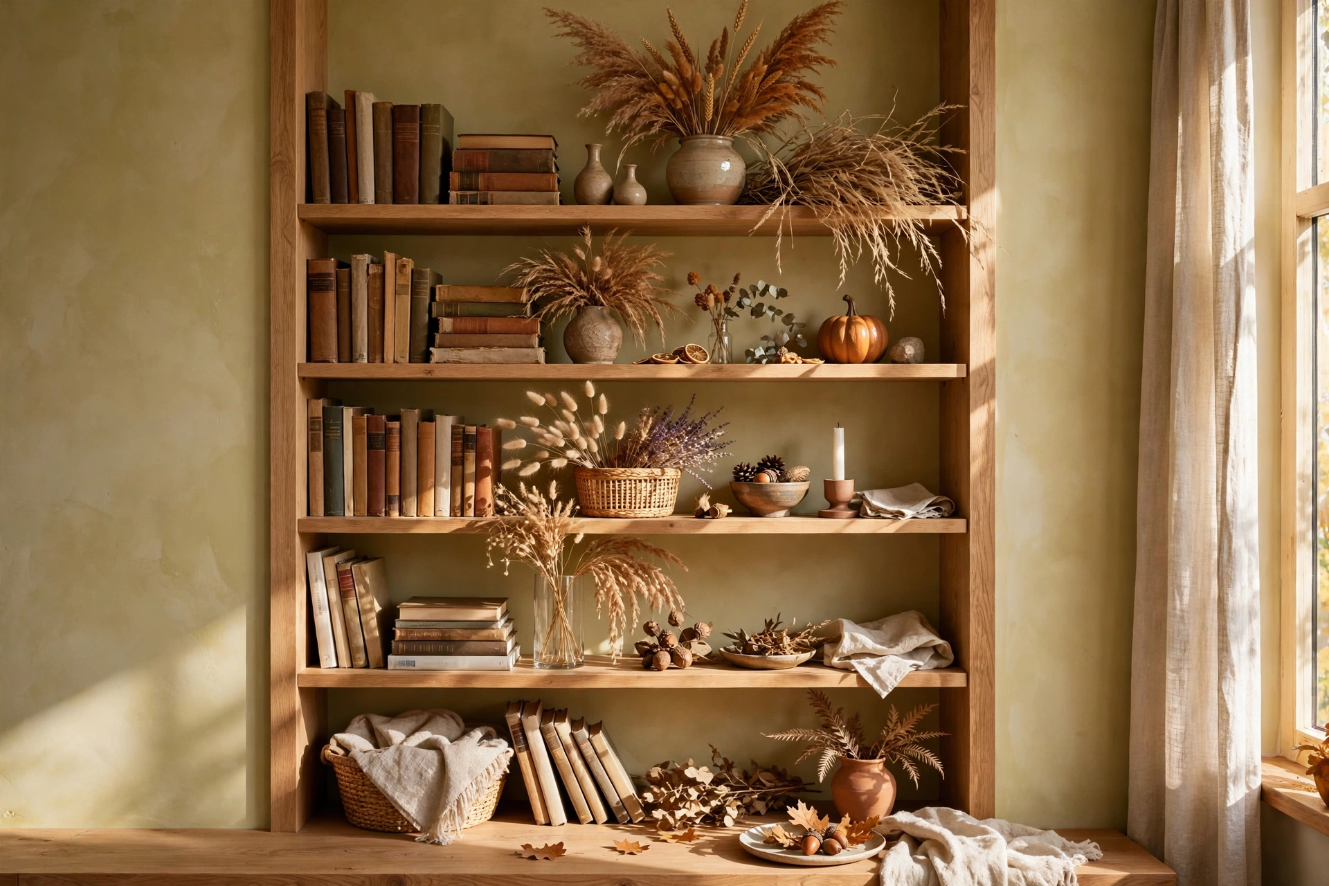 Bookshelf Styled With Dried Grasses For A Seasonal Autumn Refresh