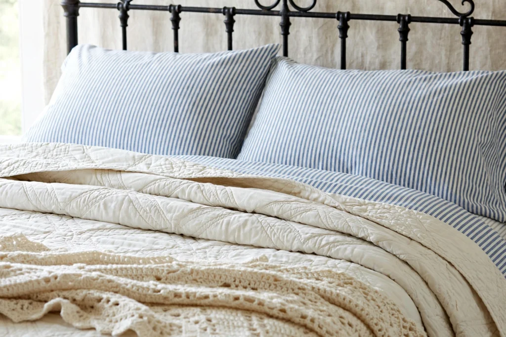 Farmhouse bed dressed with ticking stripe shams, a quilted coverlet and a crocheted throw