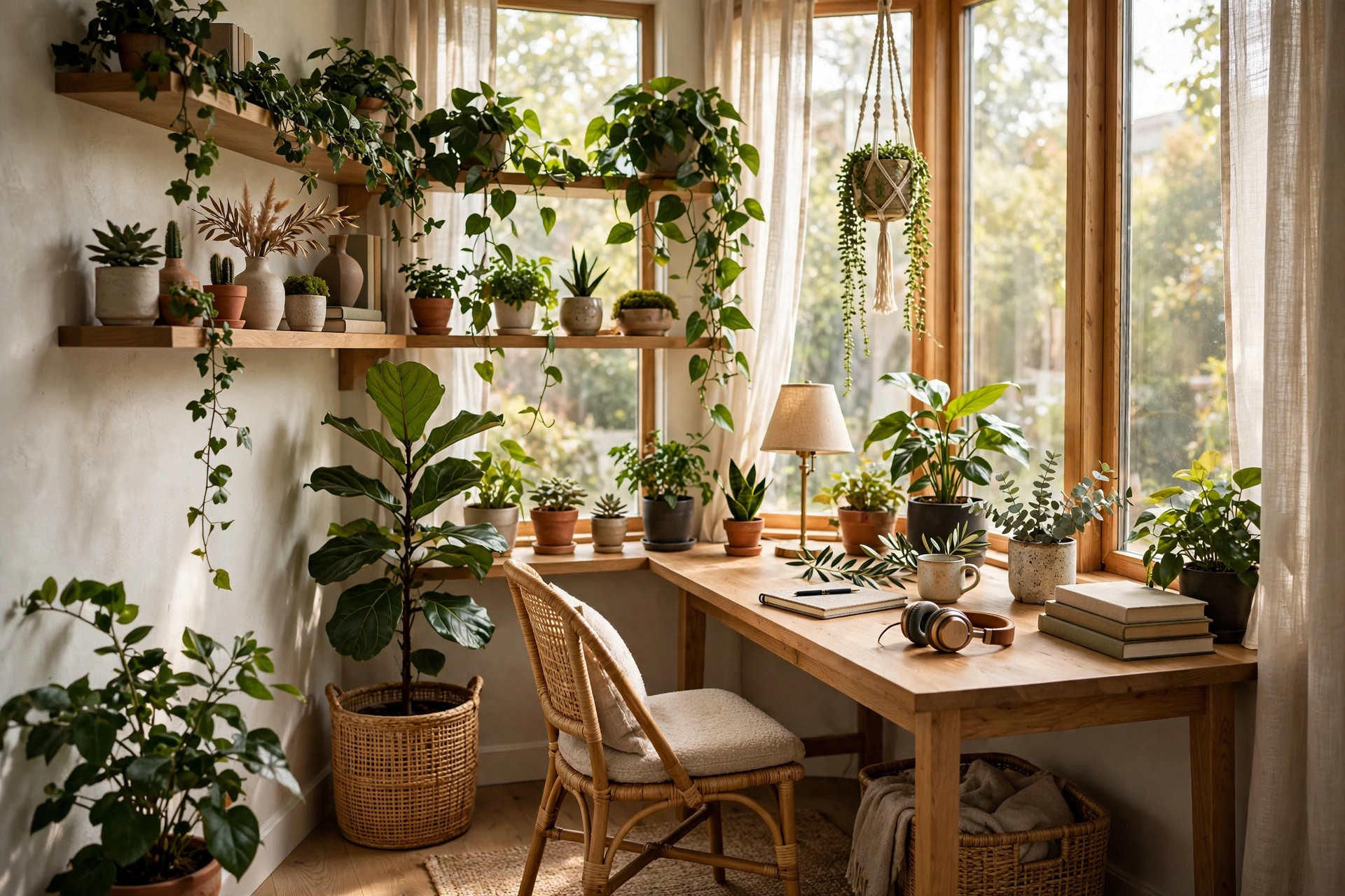 Corner Home Office Surrounded By Indoor Plants And Greenery