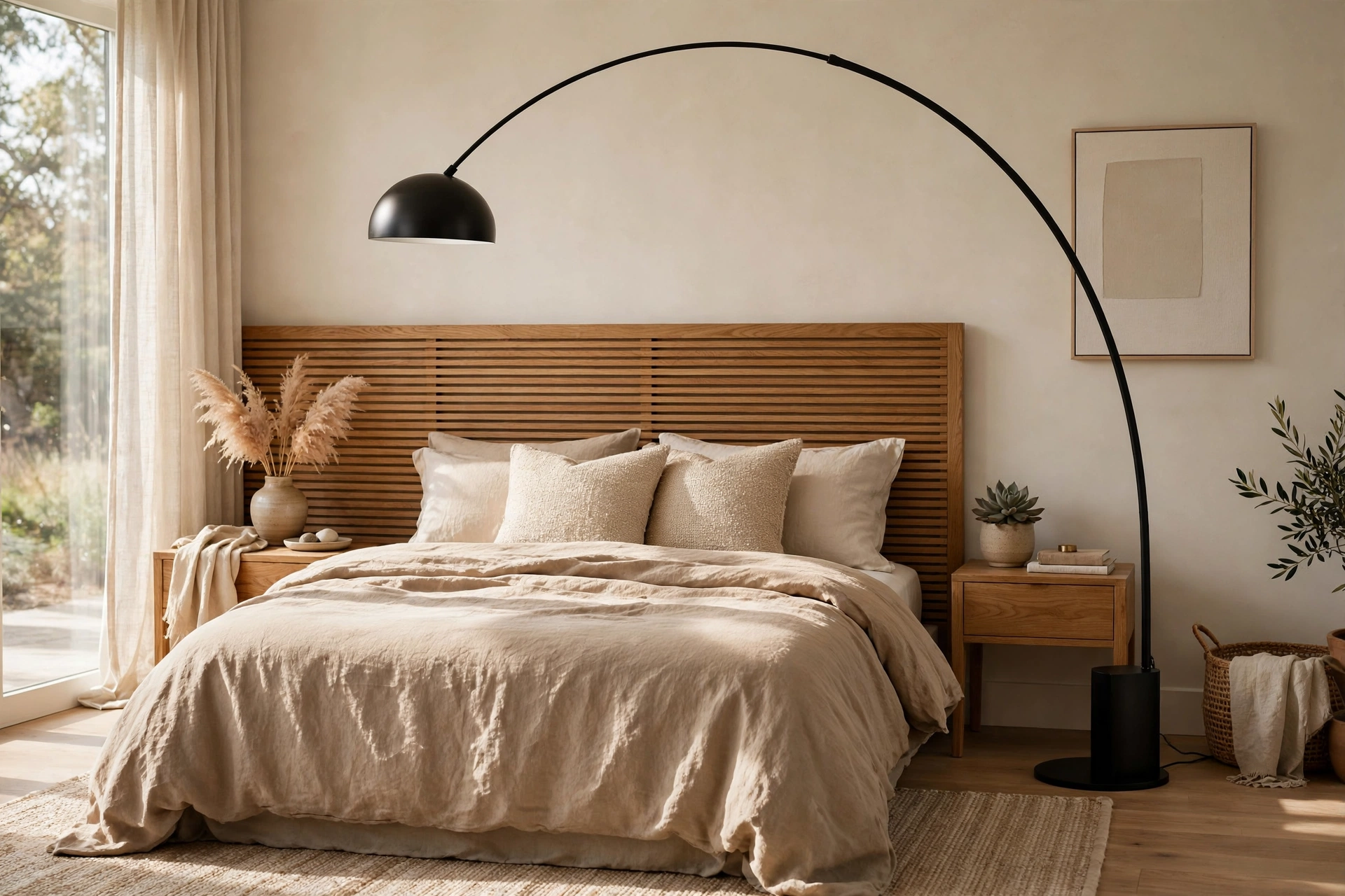 Tall Arc Lamp Curving Over Bed