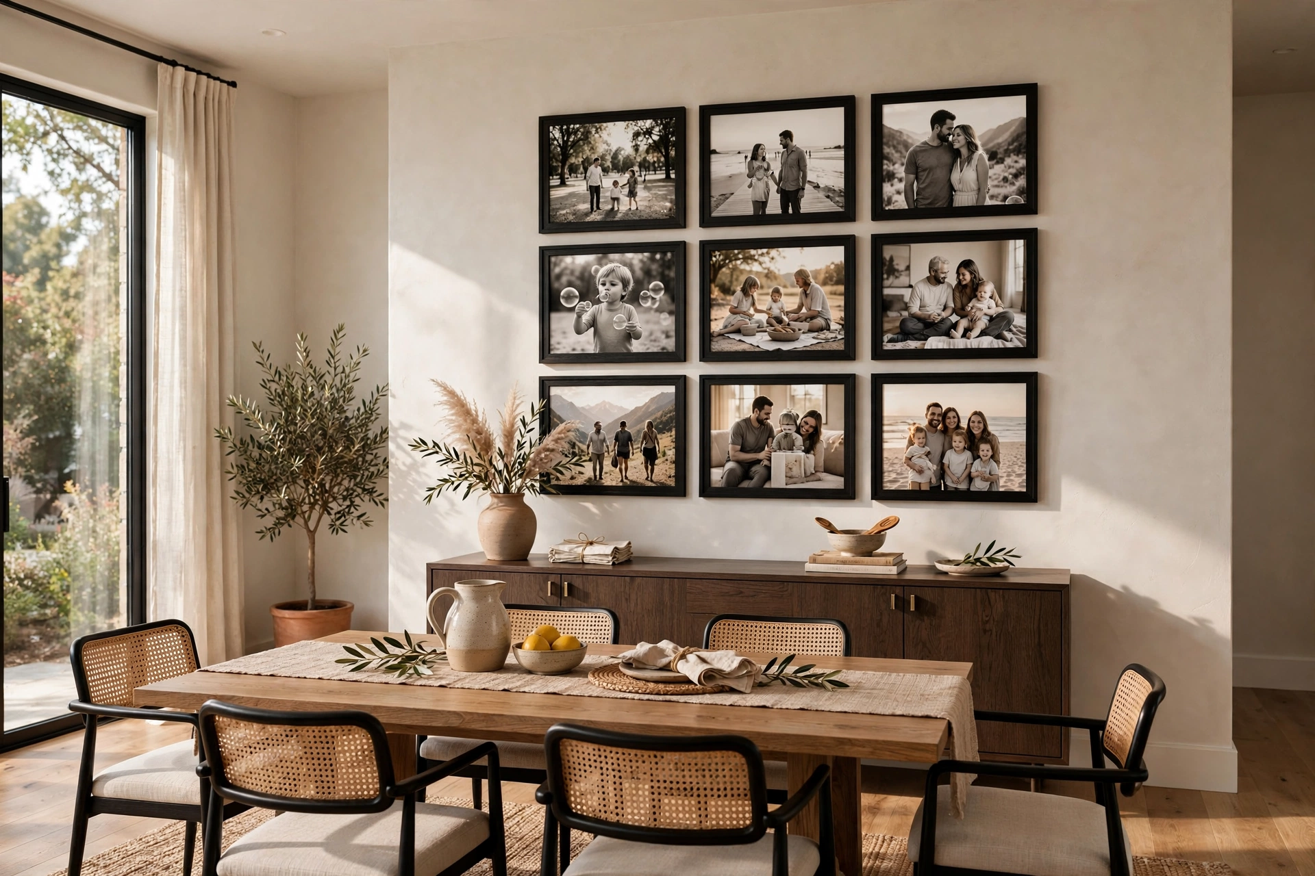 Black Framed Family Photo Gallery in a Modern Dining Room