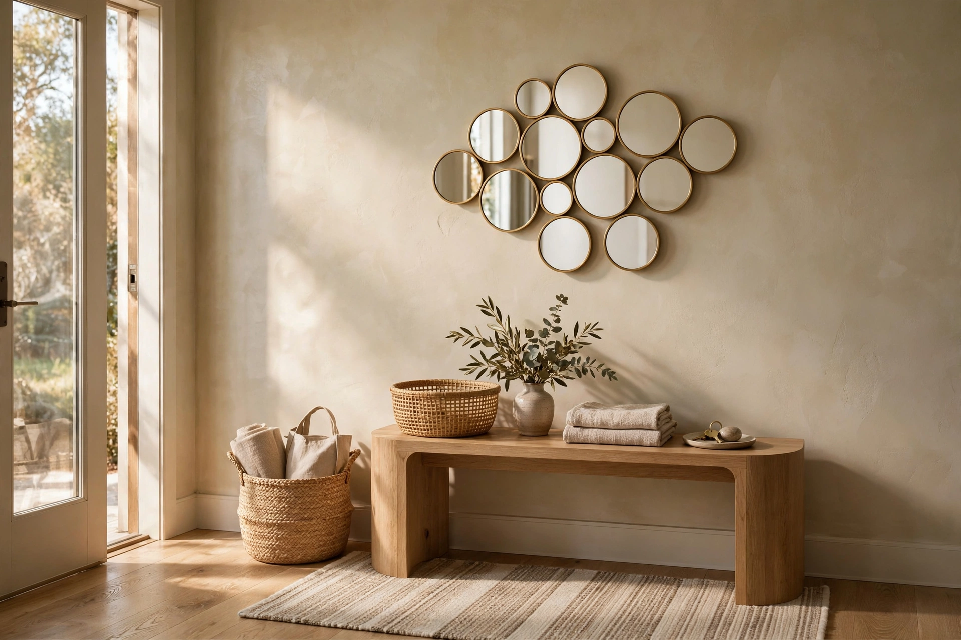 Cluster of Small Round Mirrors on an Entryway Wall