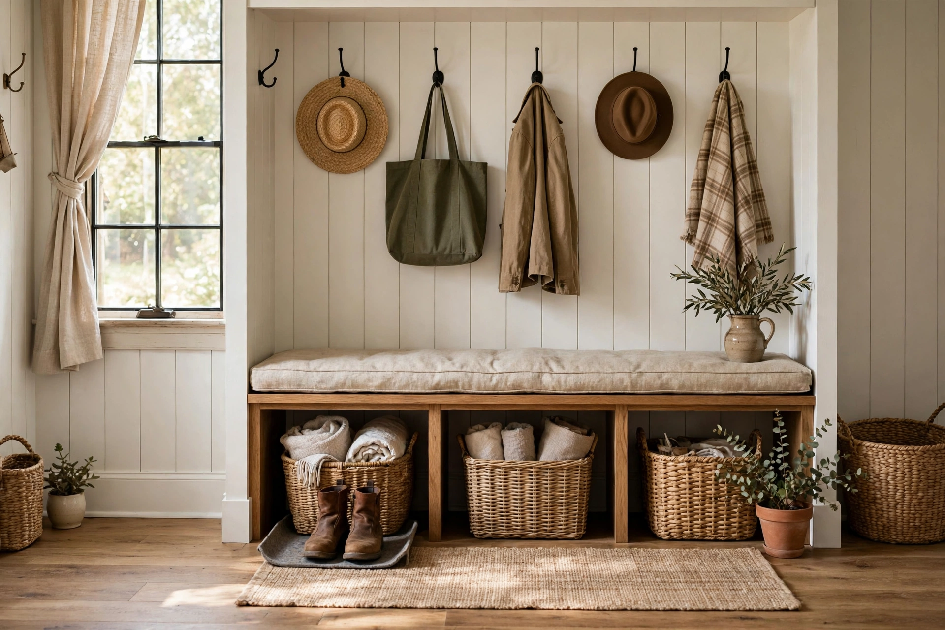 Farmhouse Mudroom Nook With Hooks and Cubbies