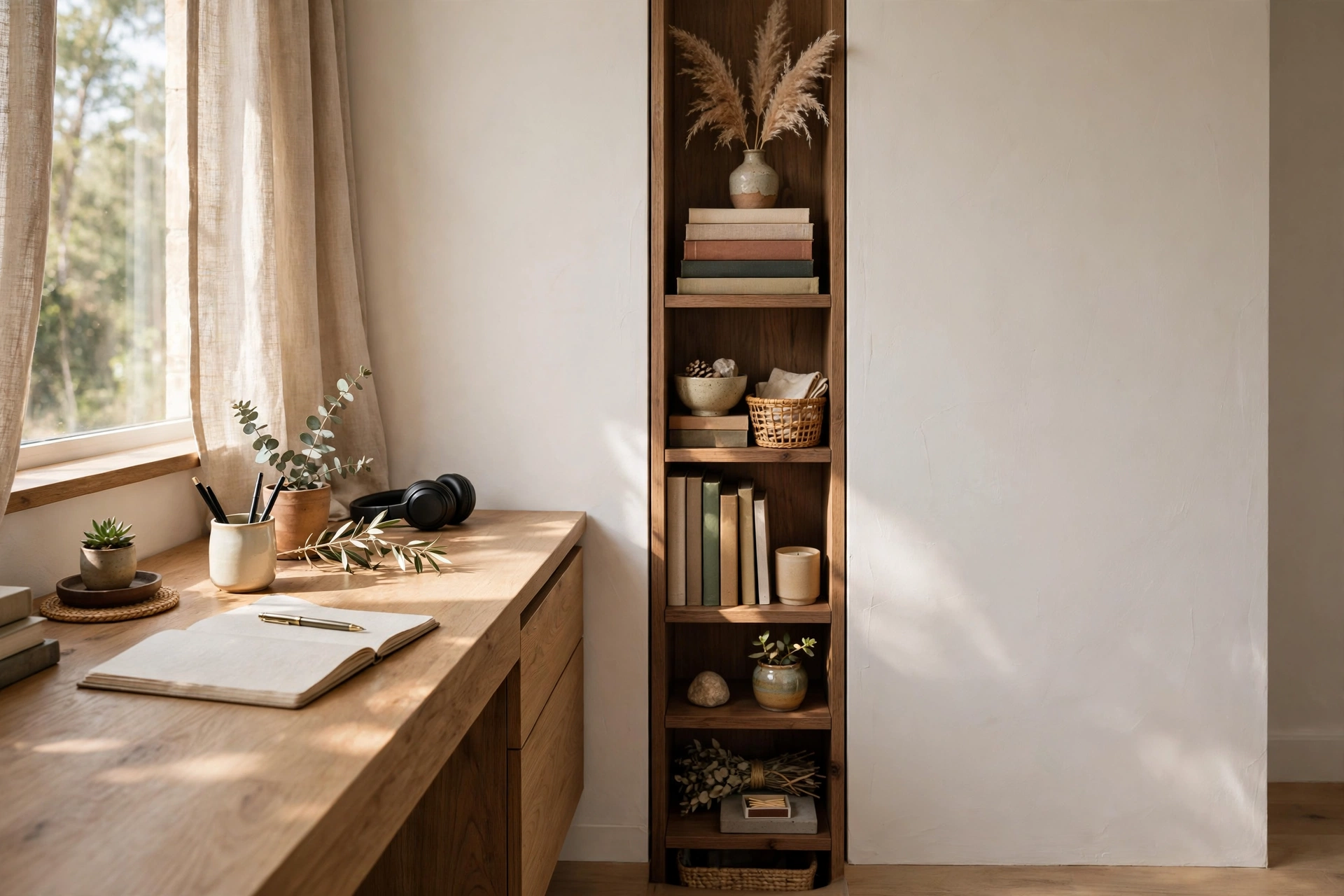 Narrow Vertical Tower Shelf Filling A Slim Gap Beside A Desk