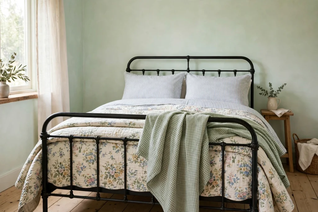 Cottage bed layered with gingham throw and ticking stripe pillows