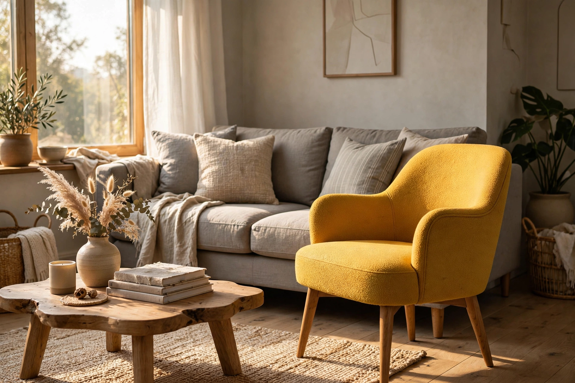 Mustard Yellow Accent Chair Against A Neutral Gray Sofa