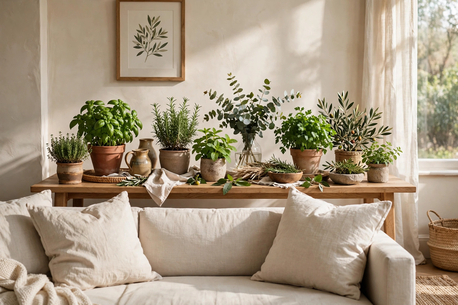 Fresh Herbs And Greenery Arranged On A Console Table Behind A Sofa